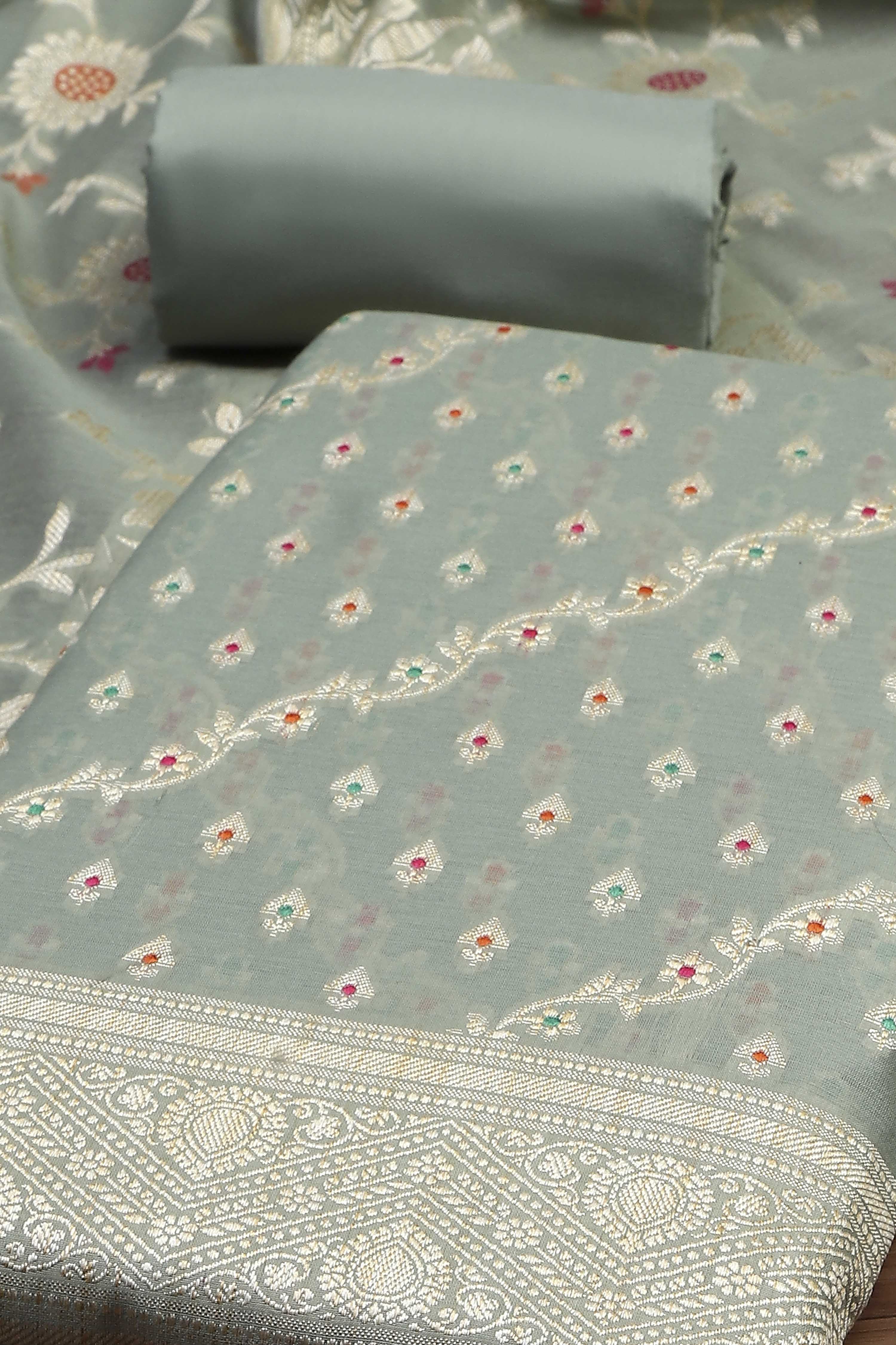 Light Green Cotton Printed Embroidered Unstitched Suit Set image number 1