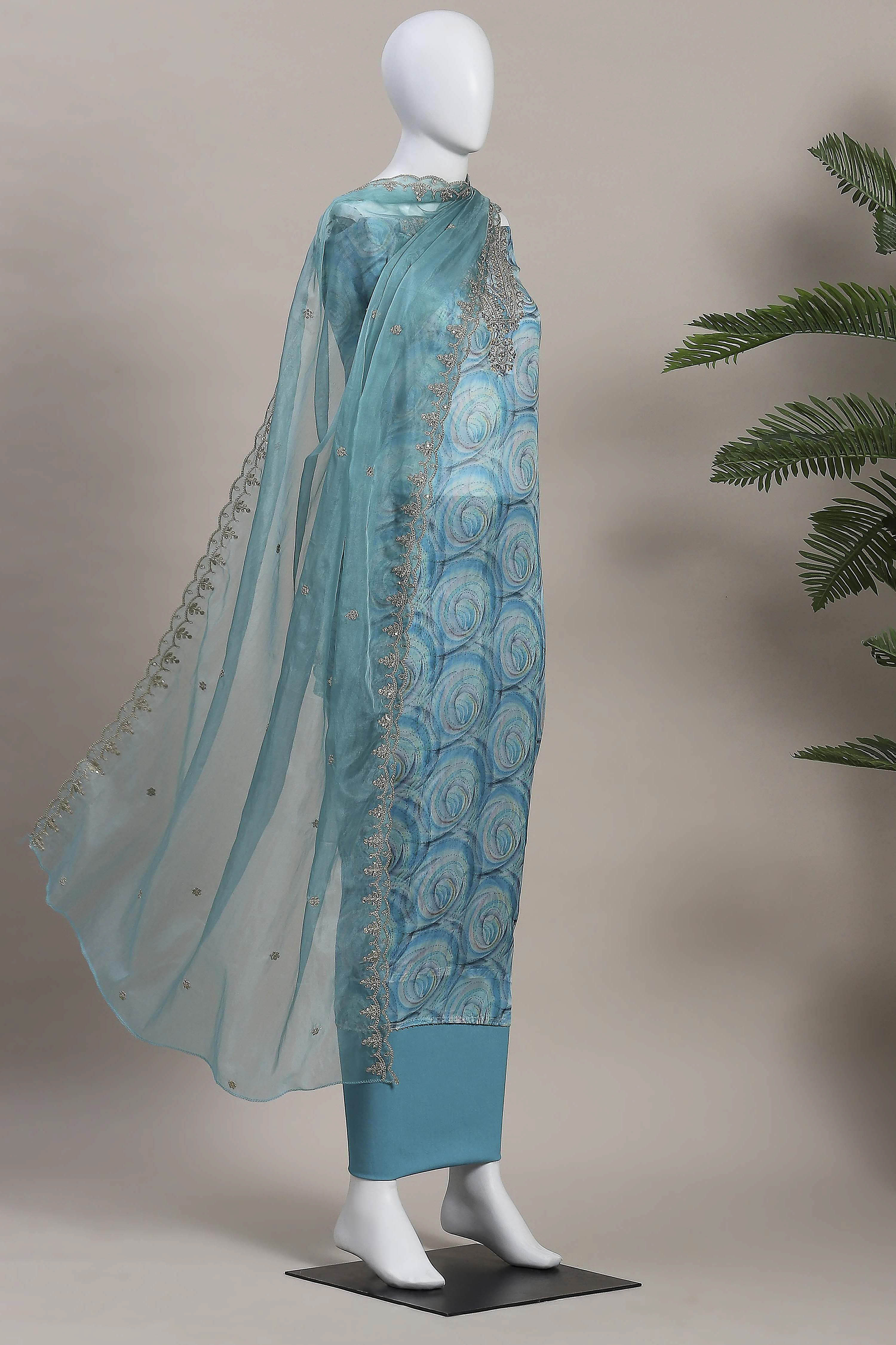 Pink Organza Rajasthani Print Unstitched Suit Set image number 4