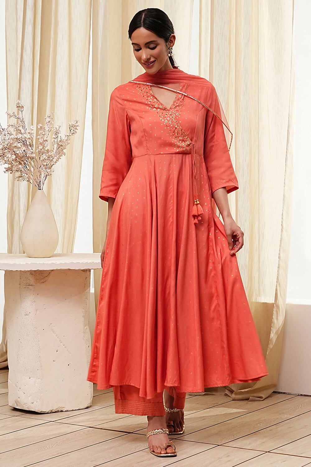 Peach Modal Printed Angrakha Anarkali Suit Set image number 6