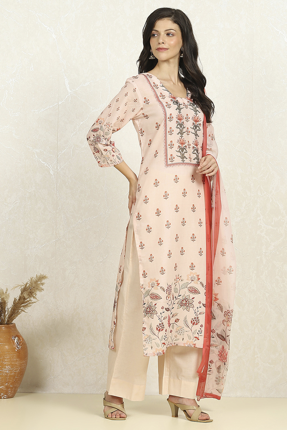 Cream Cotton Unstitched Suit Set image number 6