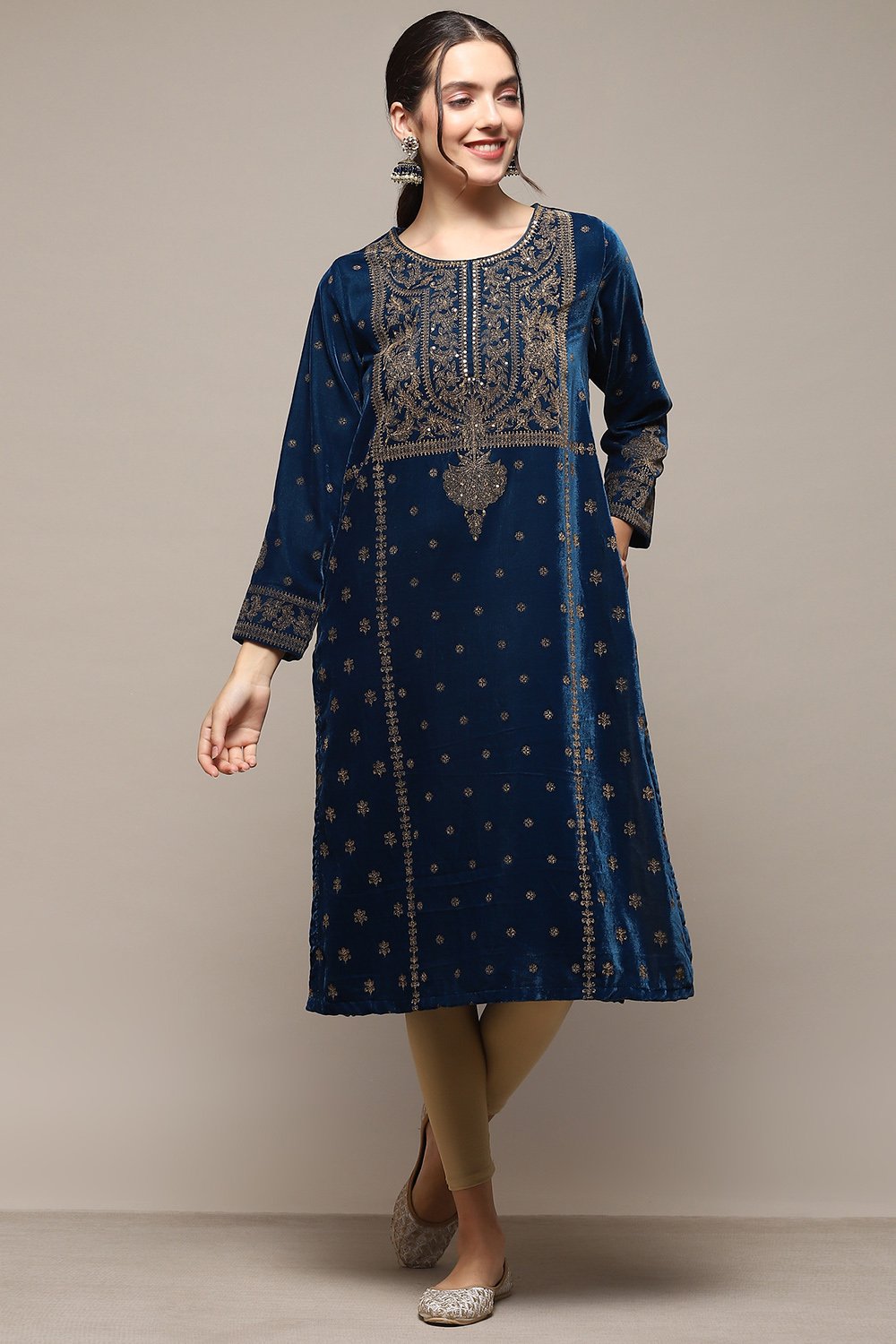 Teal Poly Velvet Straight Printed Kurta image number 0