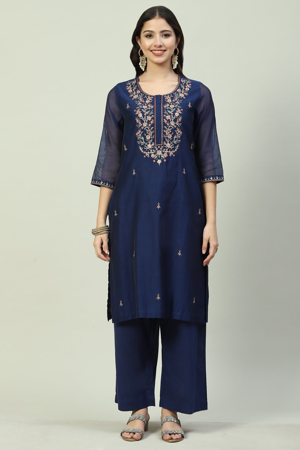 Navy Blue Art Silk Straight Kurta Palazzo Suit Set image number 7