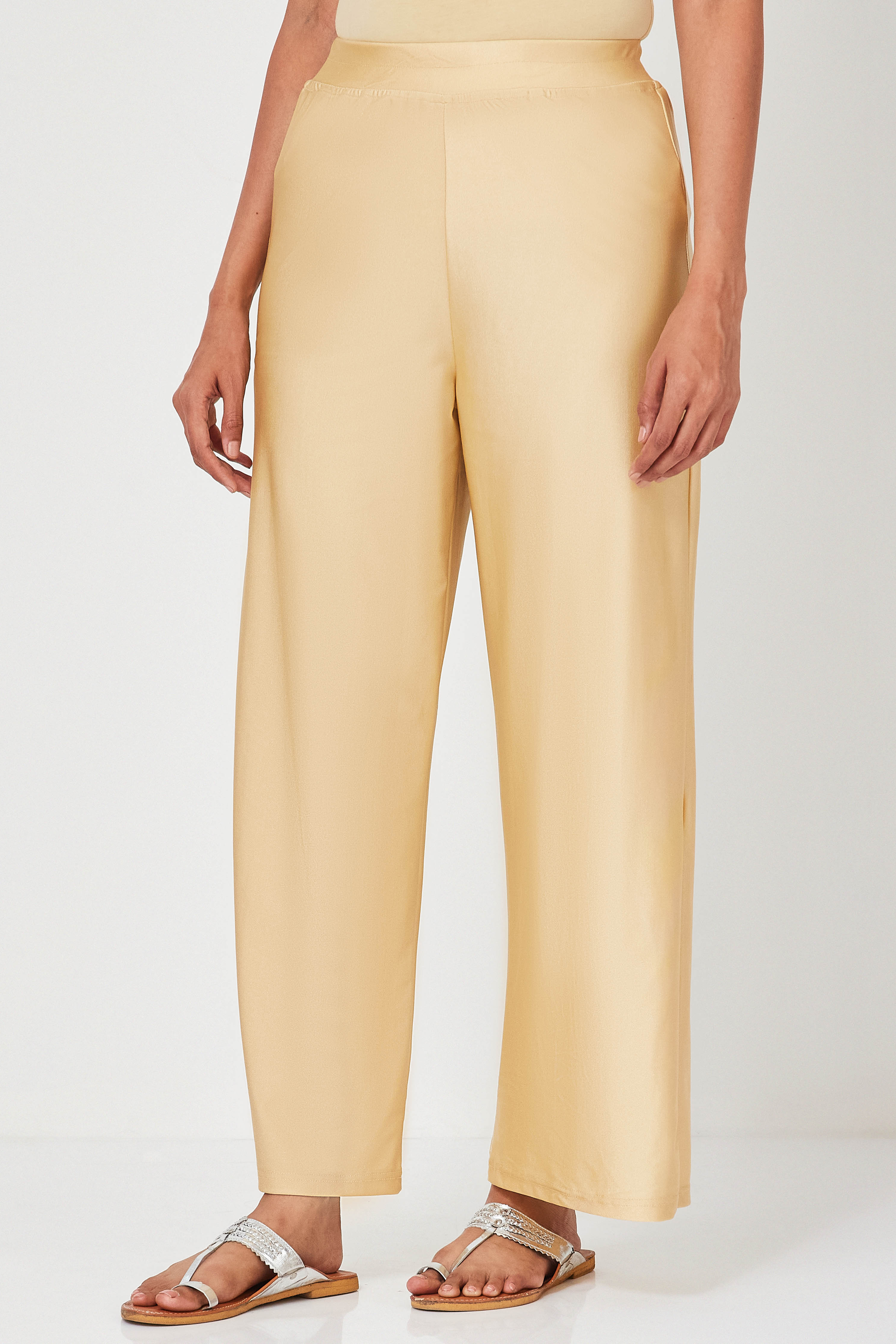 Gold Viscose Lycra Straight Palazzos image number 2