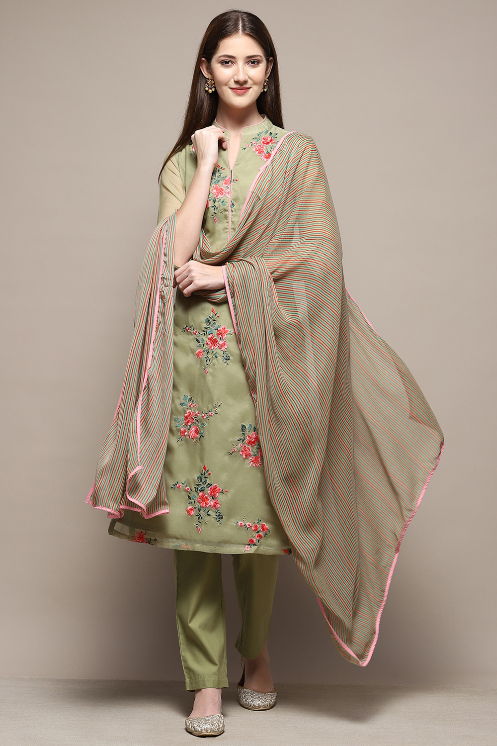 Olive Green Straight Kurta Regular Pant Suit Set Biba India
