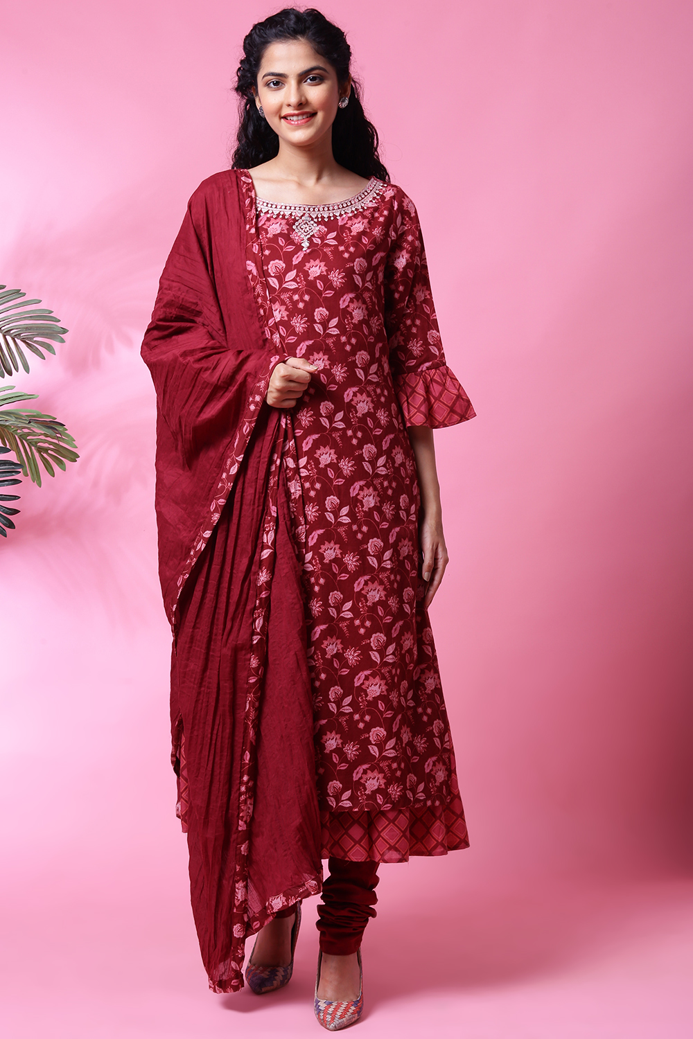 Maroon Cotton Double Layered Kurta Churidar Suit Set image number 6