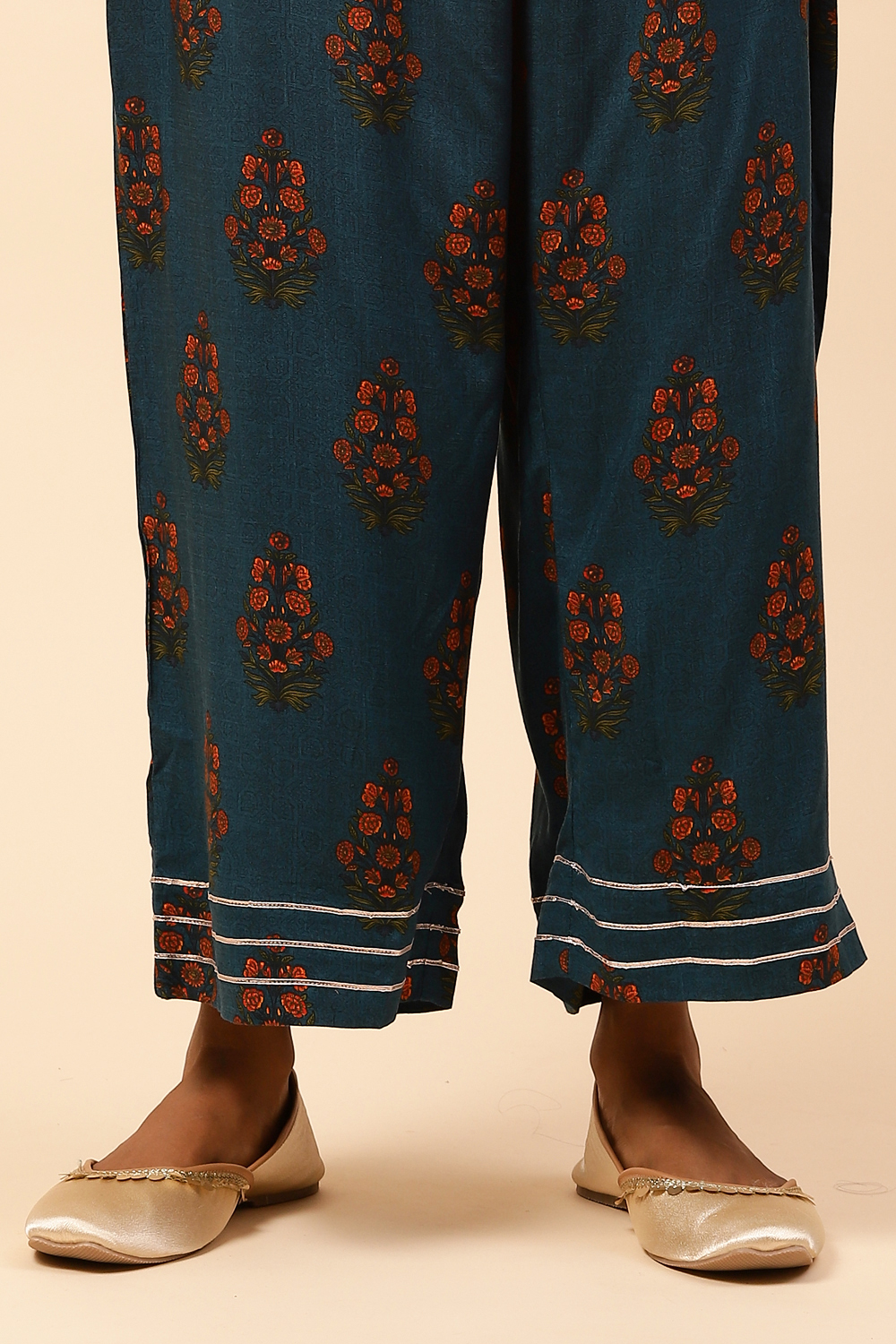 Teal Cotton Floral Palazzo Pants image number 2