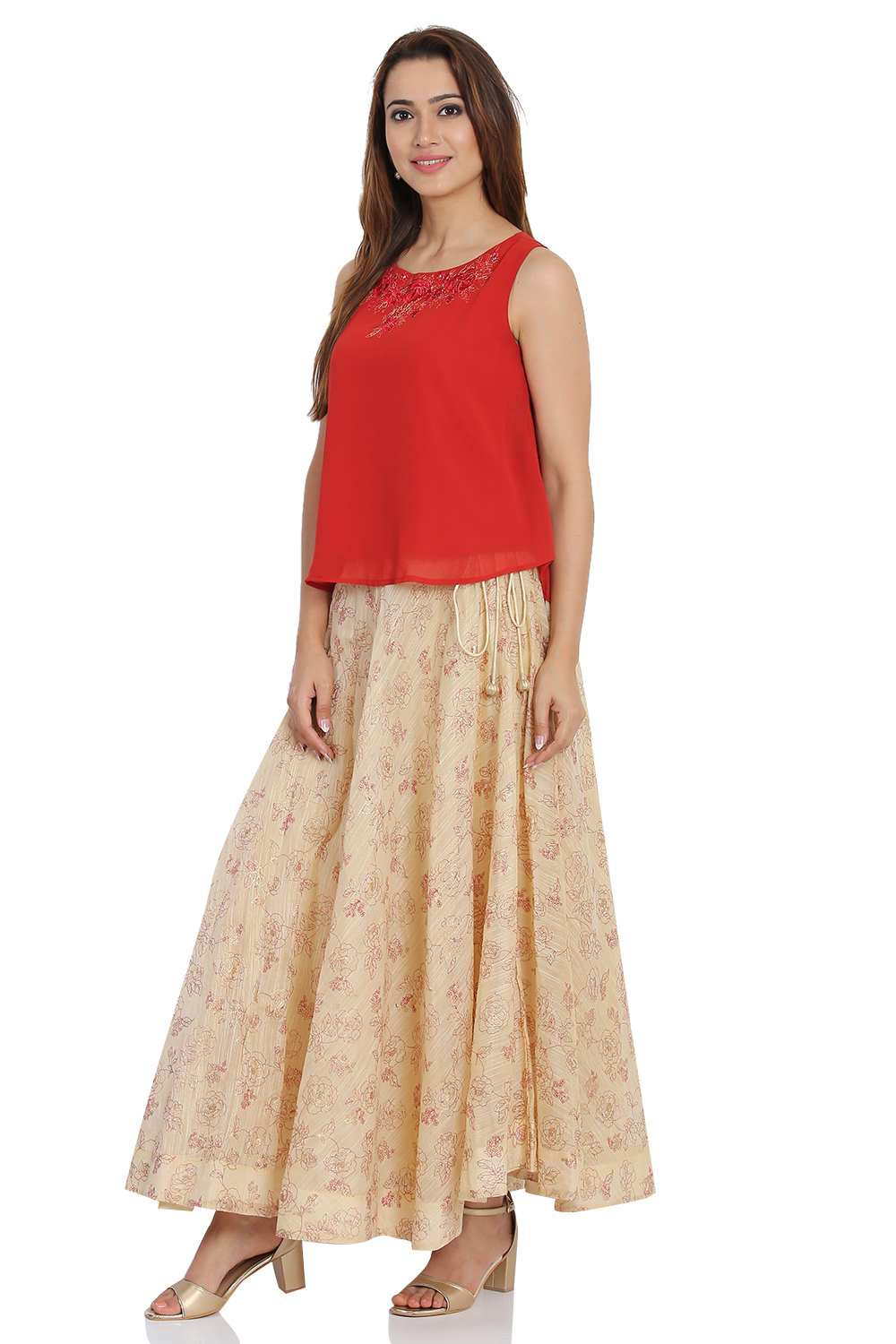 Red Art Silk Top & Skirt Set image number 2