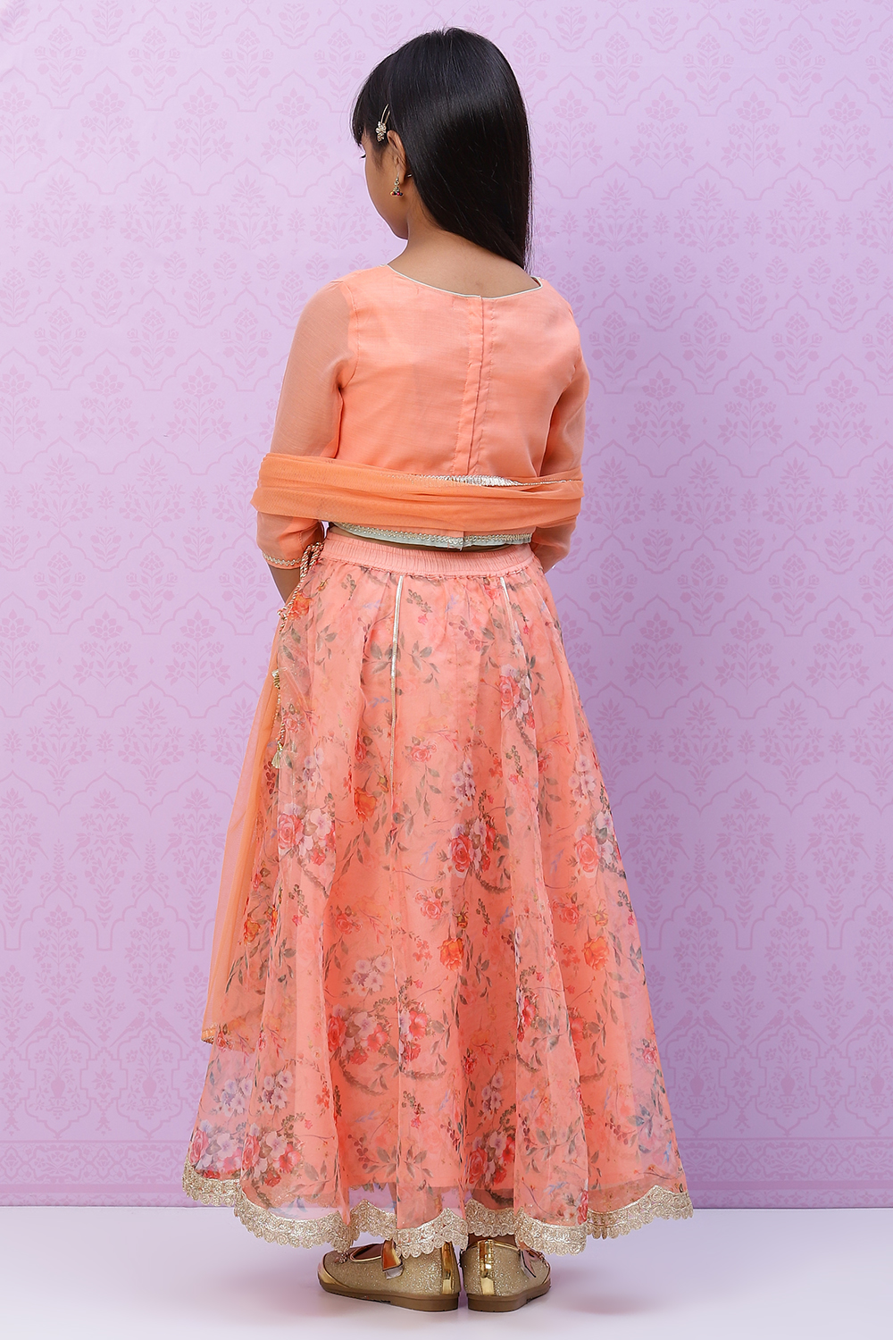 Peach Straight Poly Cotton Girls Lehenga Set image number 5