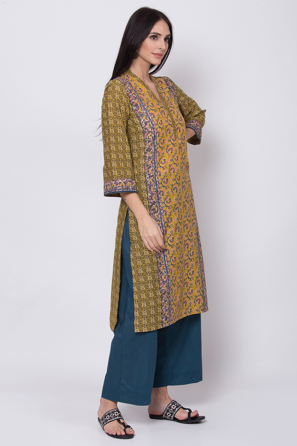 Mustard Cotton Straight Printed Kurta image number 3