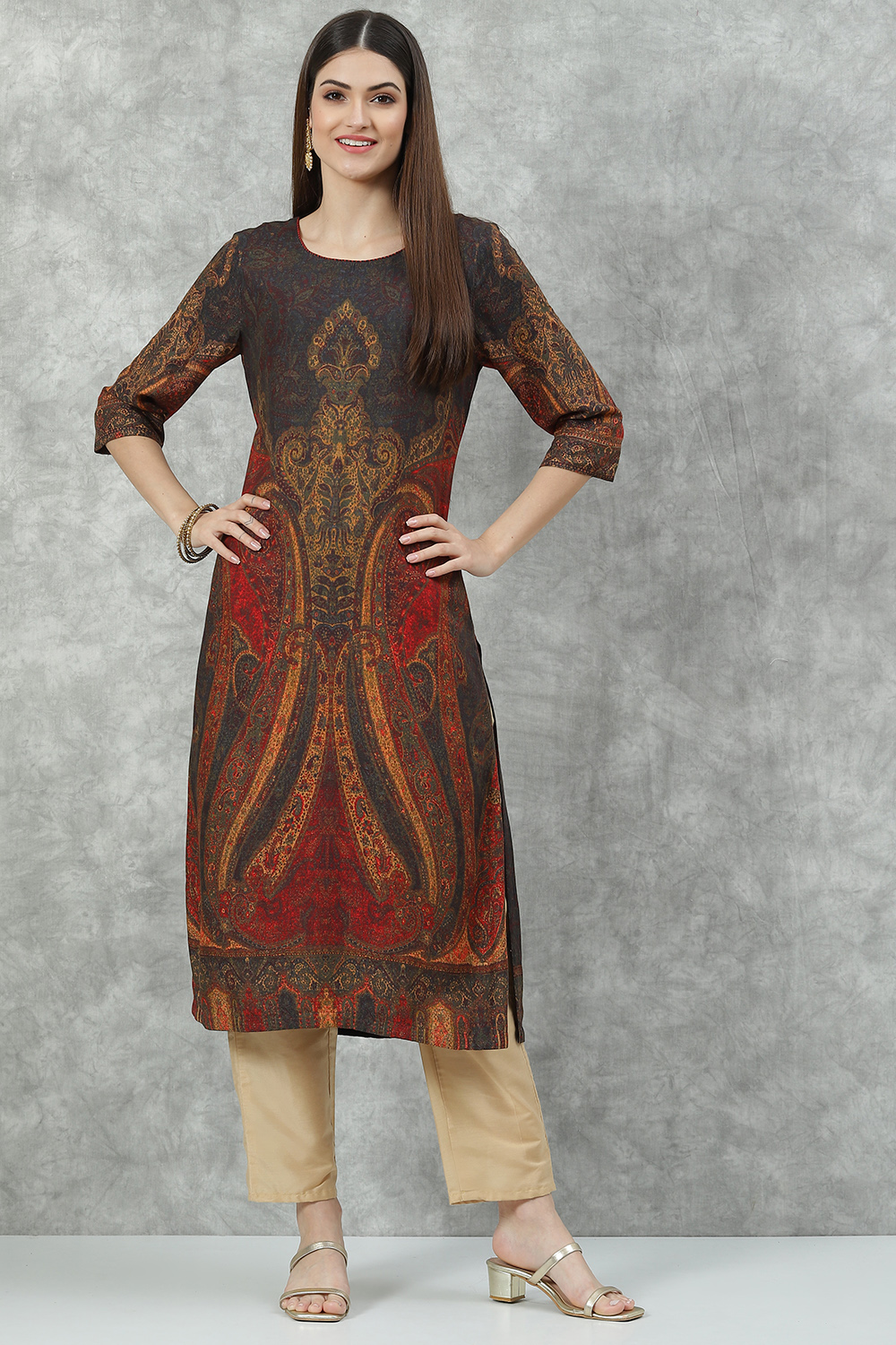 Charcoal Viscose Straight Printed Kurta image number 5