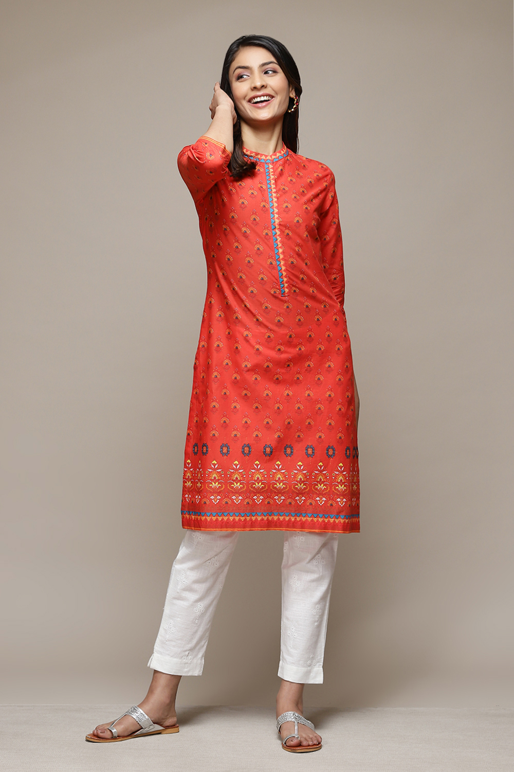 Orange Cotton Straight Printed Kurta image number 5