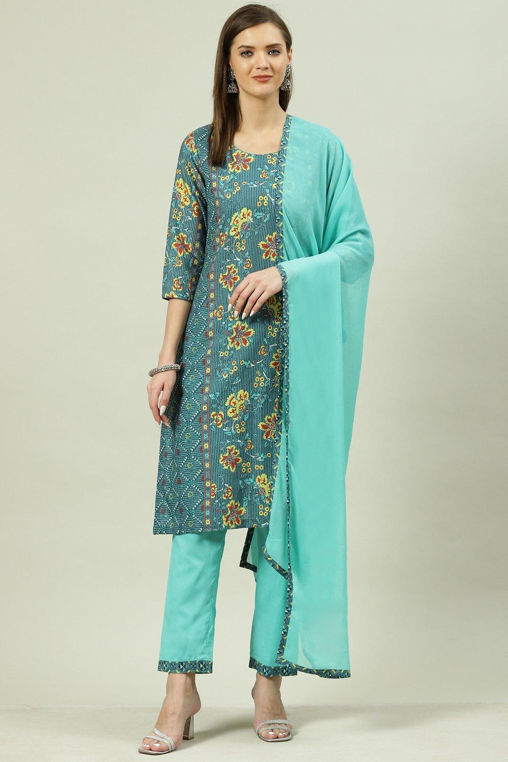 Blue Printed Straight Kurta Regular Pant Suit Set image number 7