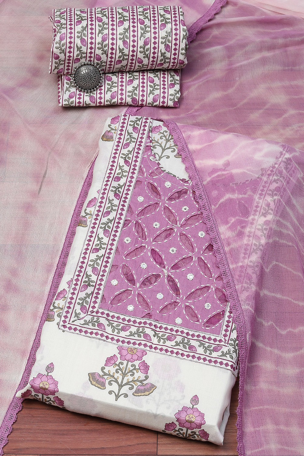 Purple Cotton Printed Unstitched Suit Set image number 0