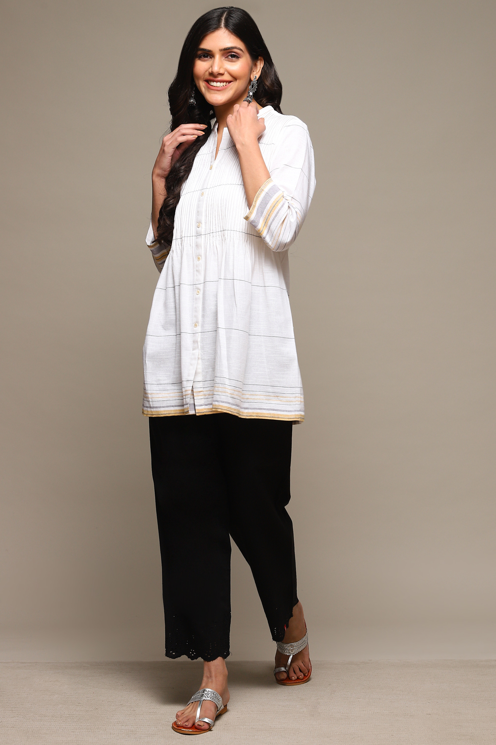 White & Yellow Cotton Yarndyed Kurti image number 0