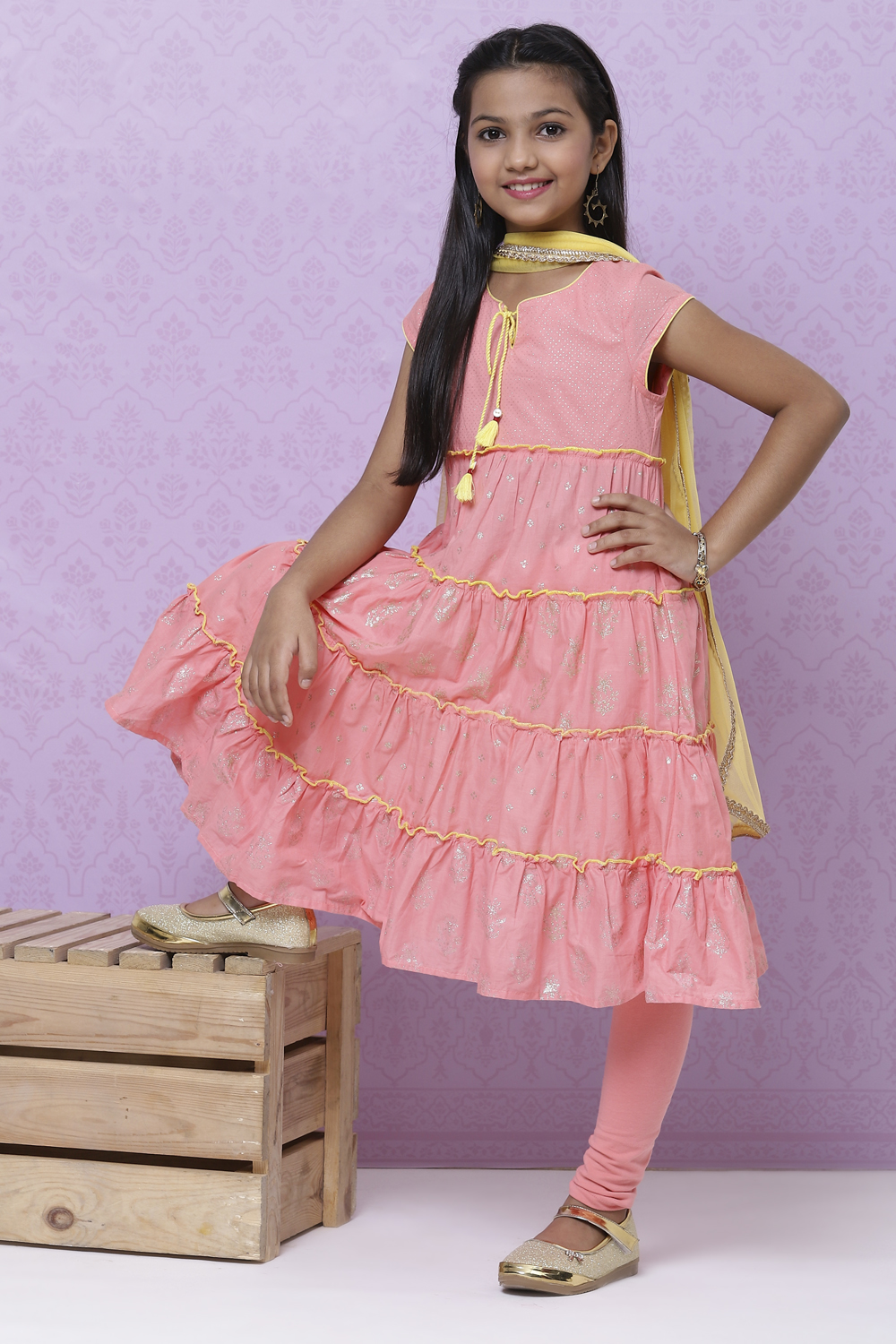 Peach Cotton Girls Tiered Kurta Churidar Suit Set image number 6