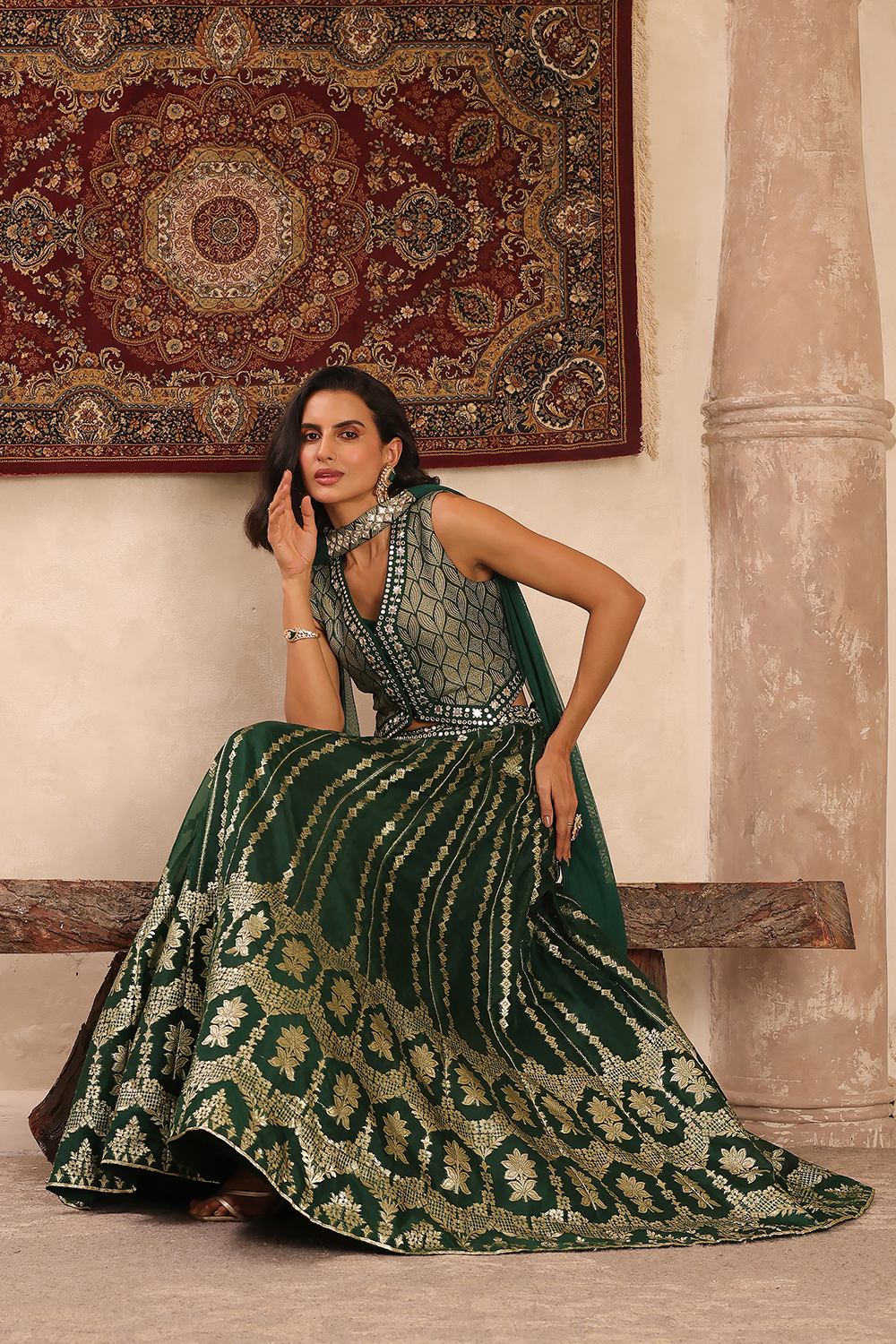 Green Jacquard Printed Mirror Work Lehenga Set image number 5
