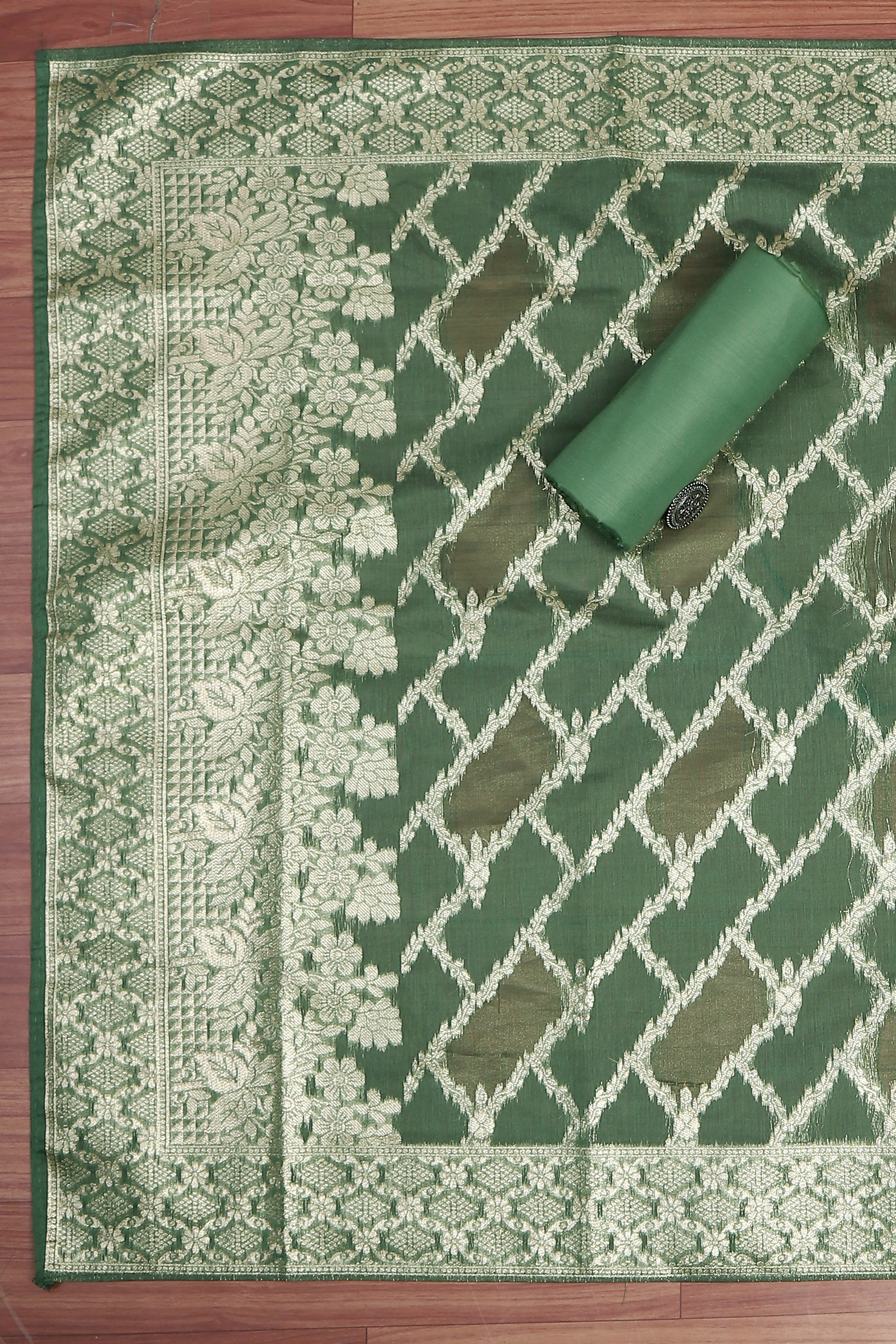 Botle Green Tissue Chanderi Embroidered Unstitched Suit Set image number 3