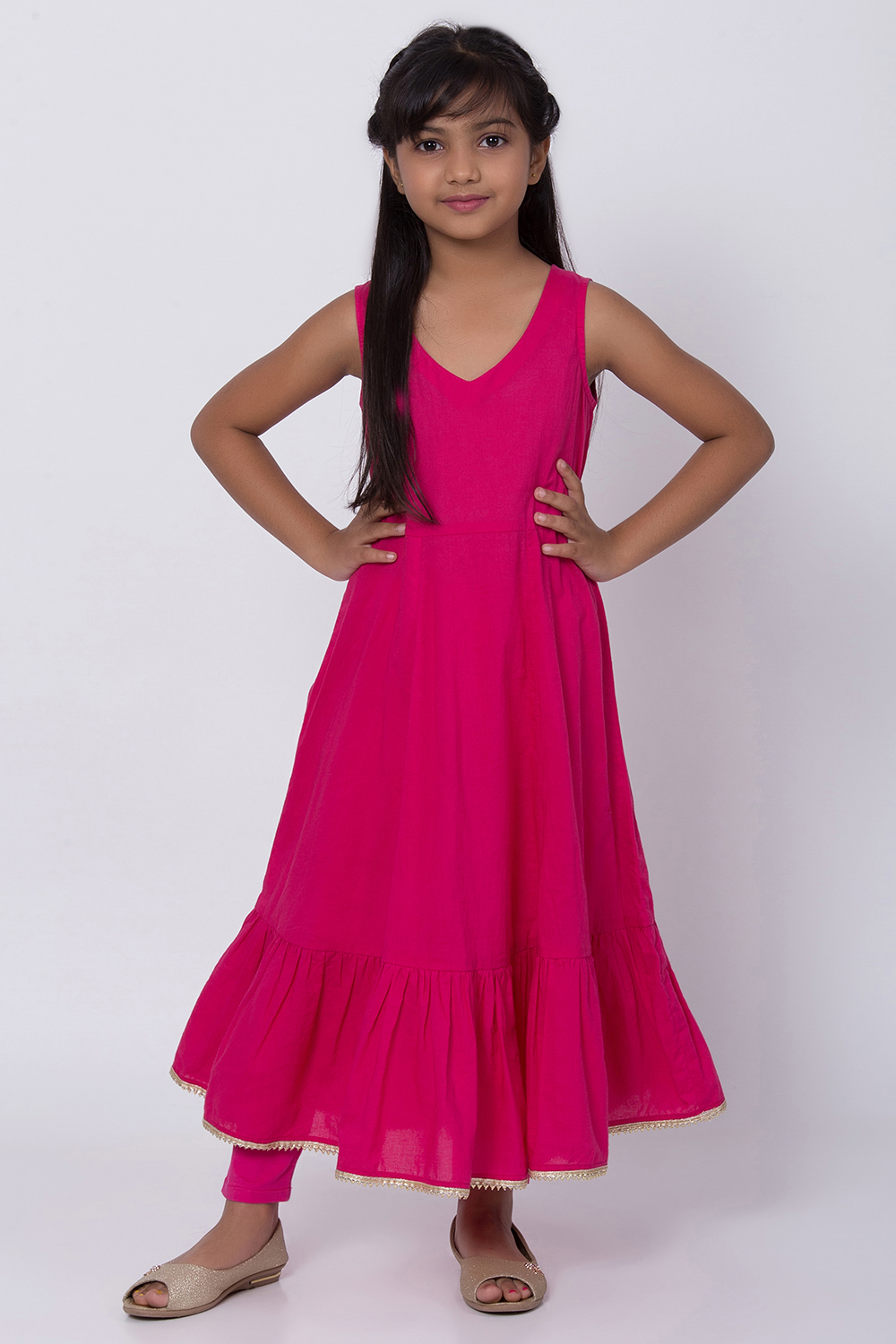 Pink Poly Cotton Double Layered Kurta Churidar Suit Set image number 2