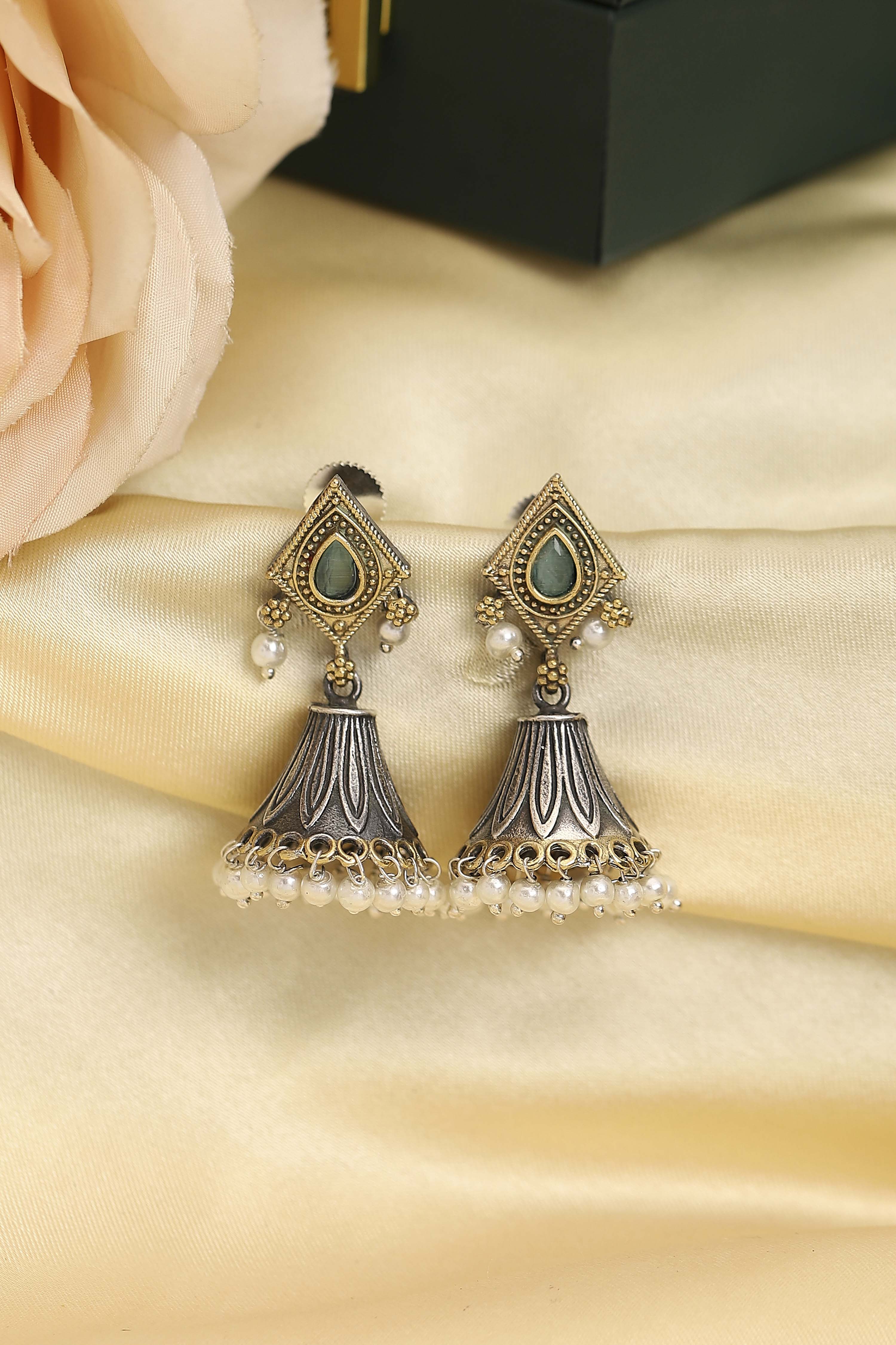 Green Oxidised Brass Pearl Studded Jhumkas image number 0