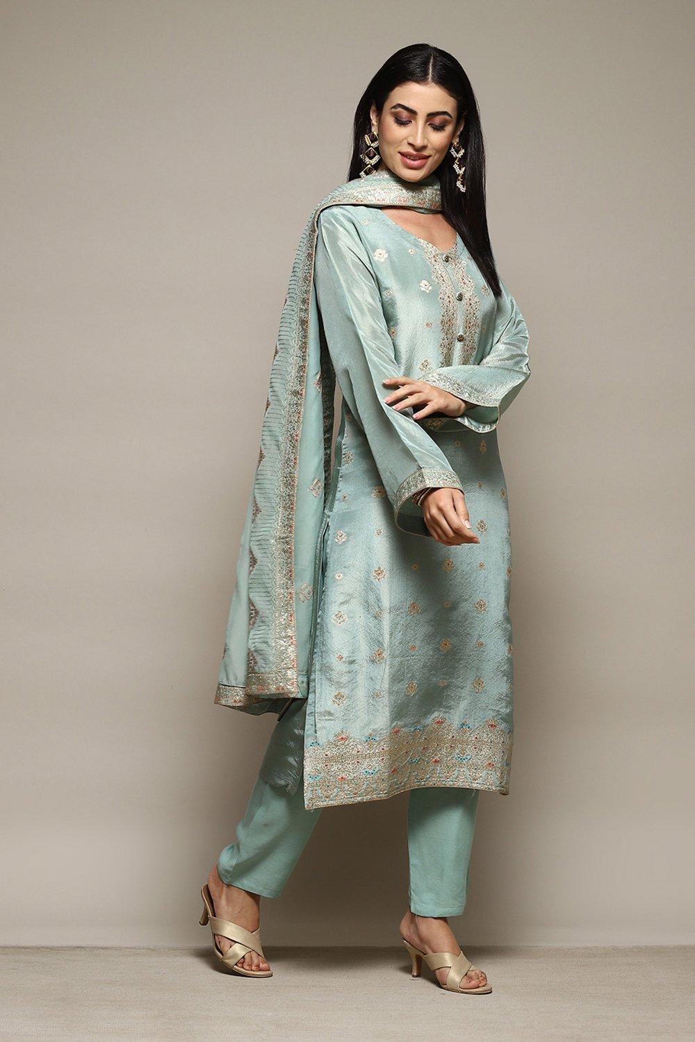 Turquoise Banarasi Silk Digital Print Unstitched Suit Set image number 7