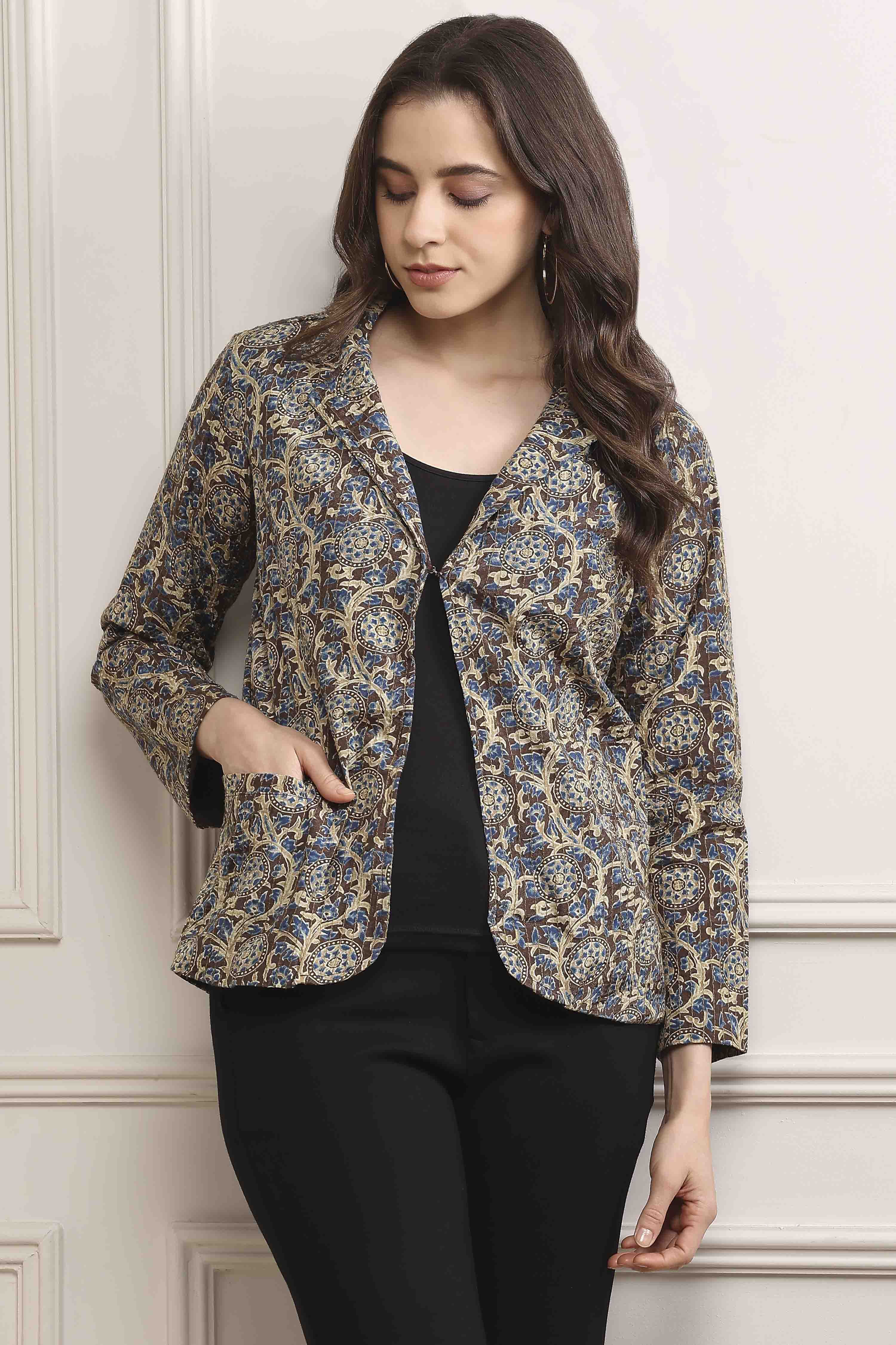 Brown Viscose Straight Printed Jacket image number 0
