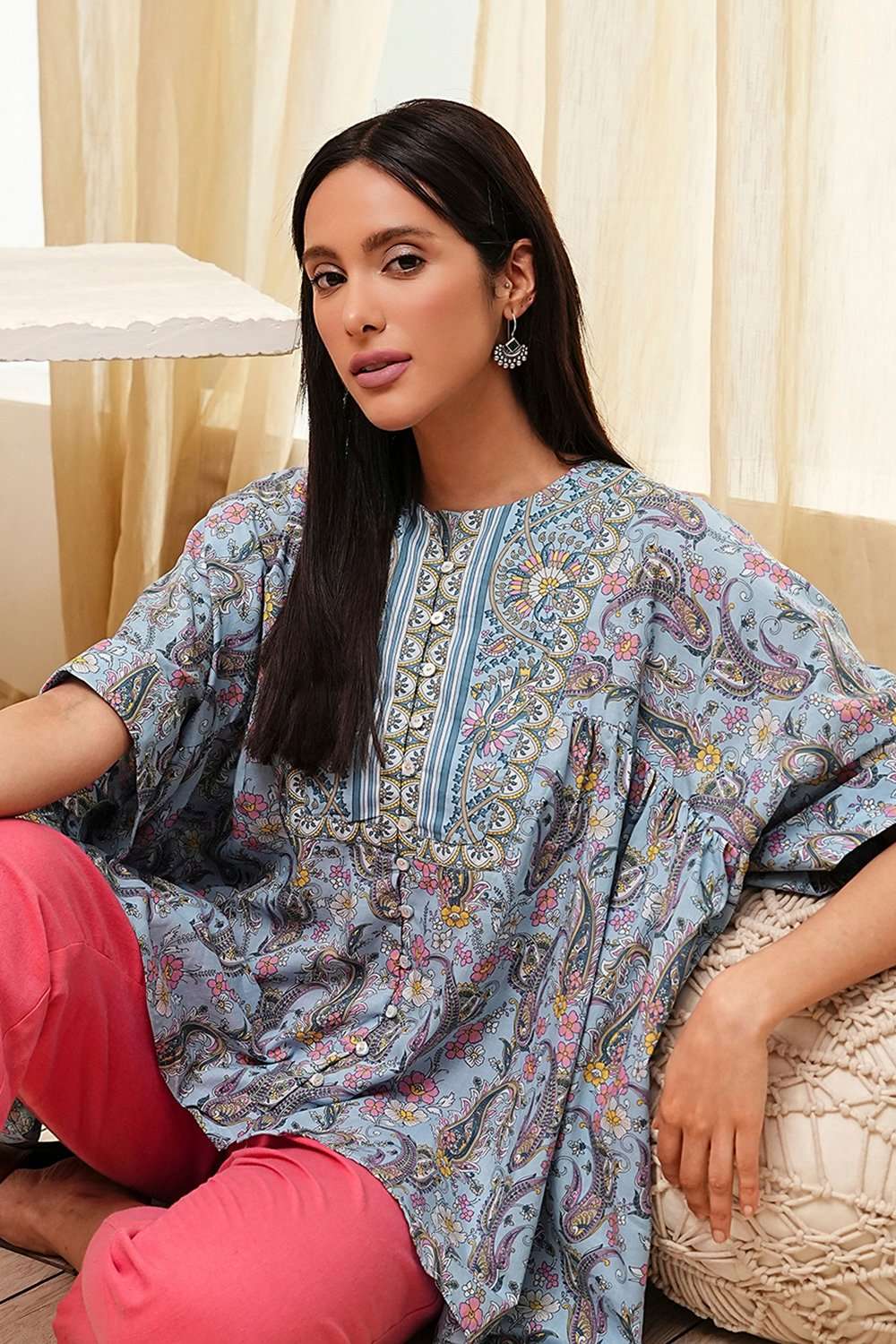Dull Blue Cotton Flared Short Kurta image number 6