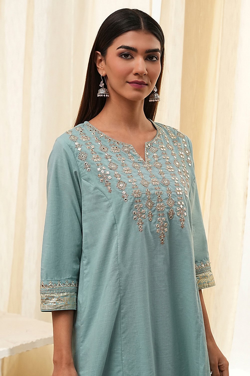 Dull Blue Cotton Embroidered Kalidar Suit Set image number 1