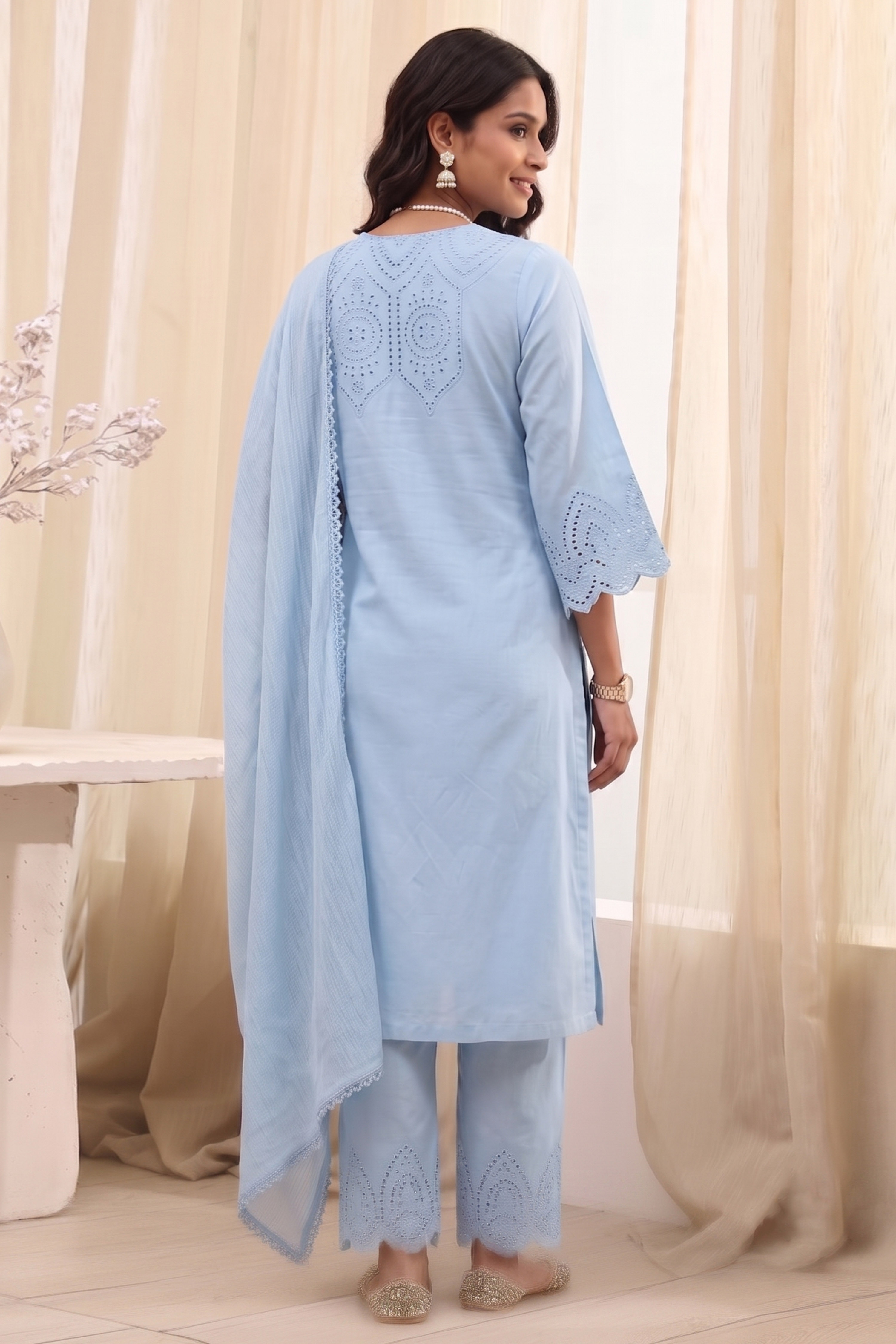 Blue Cotton Straight Suit Set image number 4
