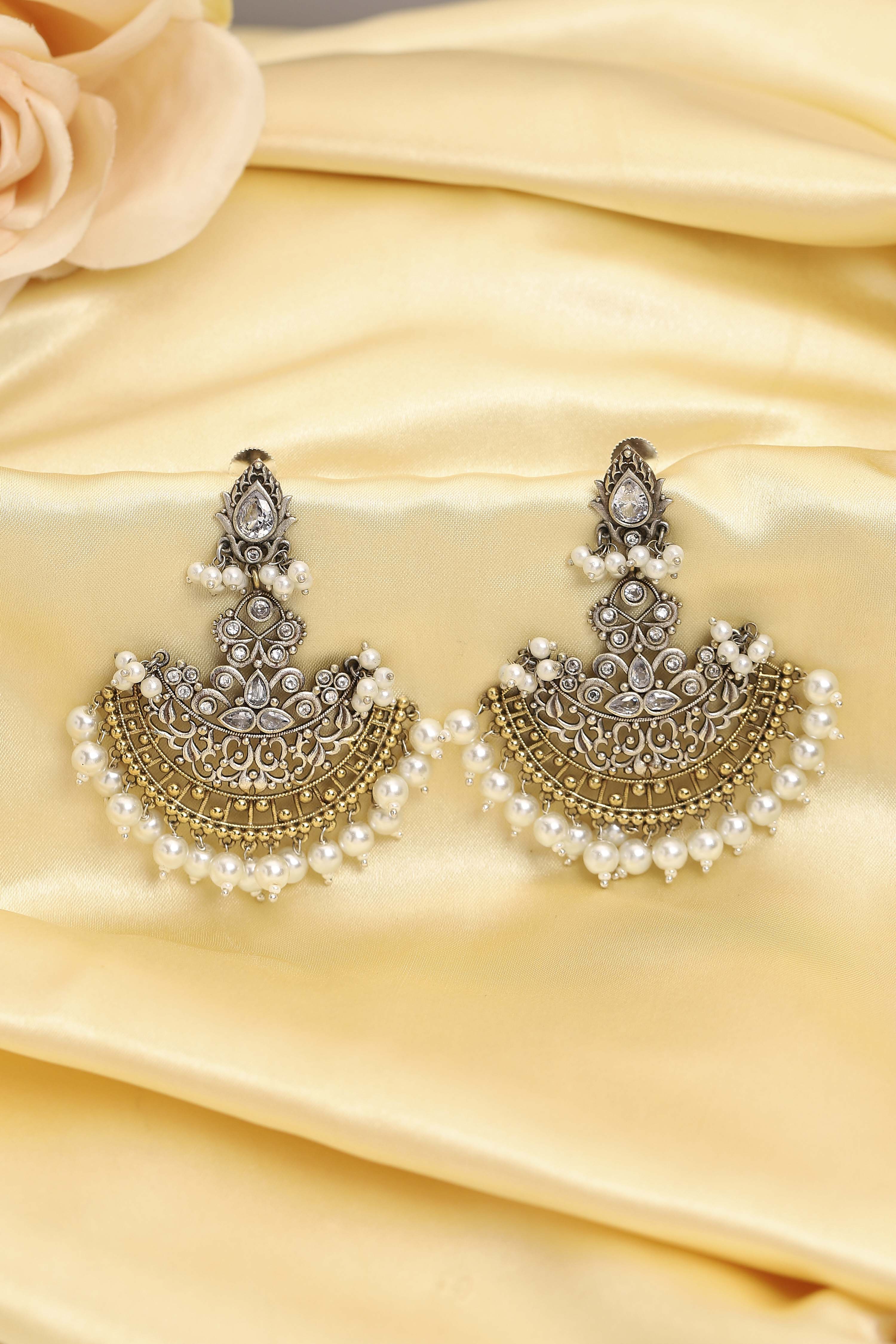 Gold & Silver Toned Oxidised Brass Studded Chandbalis image number 0