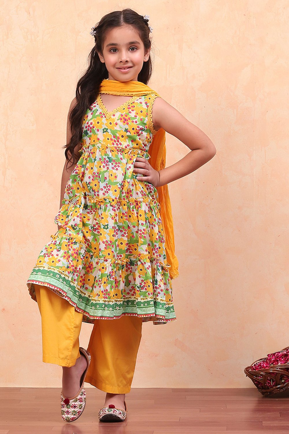 Coral Pure Cotton Floral Printed Tiered Suit Set image number 6