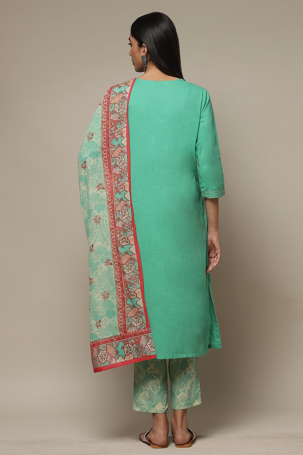 Green Cotton Kalidar Kurta Pants Suit Set image number 2