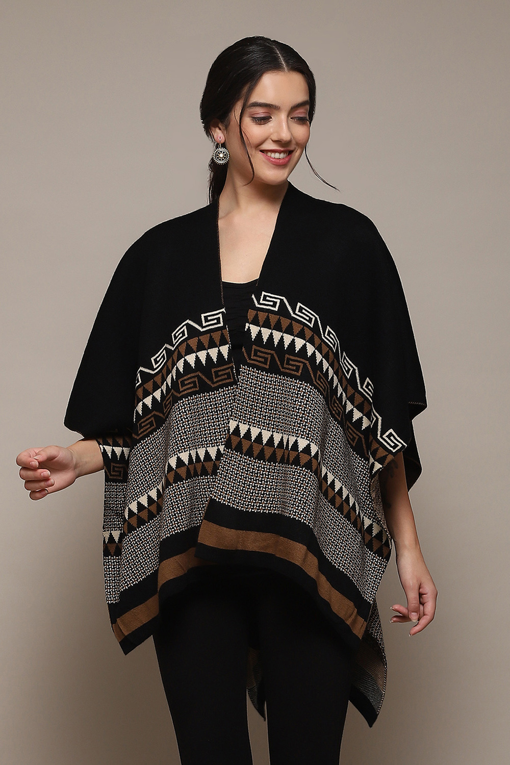 Black Cotton Jacquard Straight Yarndyed Sweater image number 3