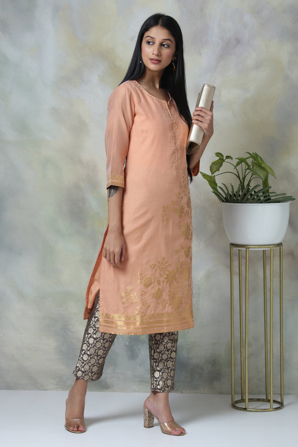 Orange Art Silk Cotton Straight Printed Kurta image number 2