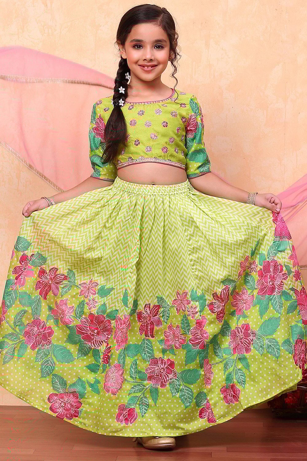 Lime Green Poly Chanderi Floral Printed Lehenga Set image number 0