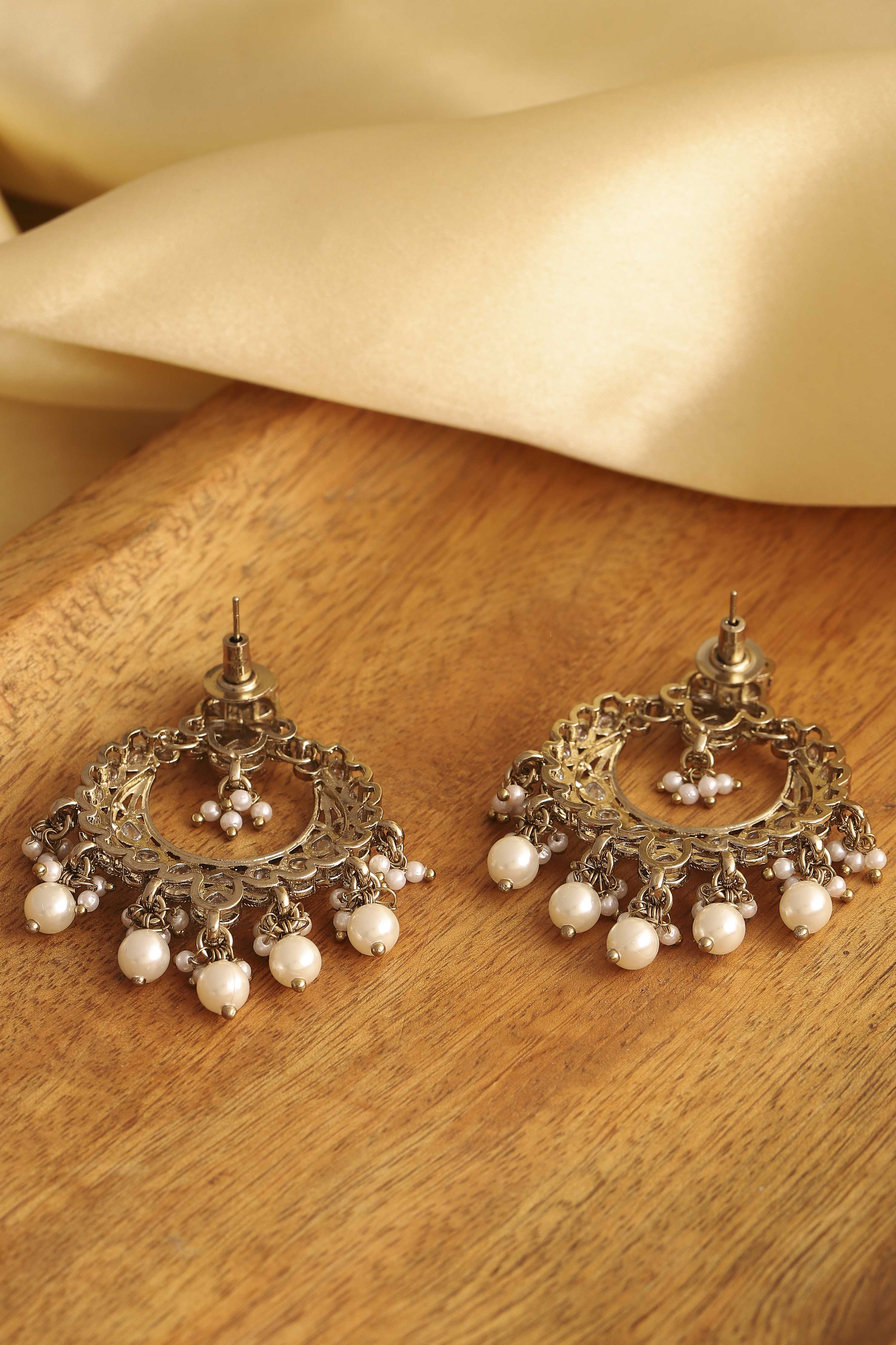 White Gold-Plated Alloy Studded Chandbalis image number 2