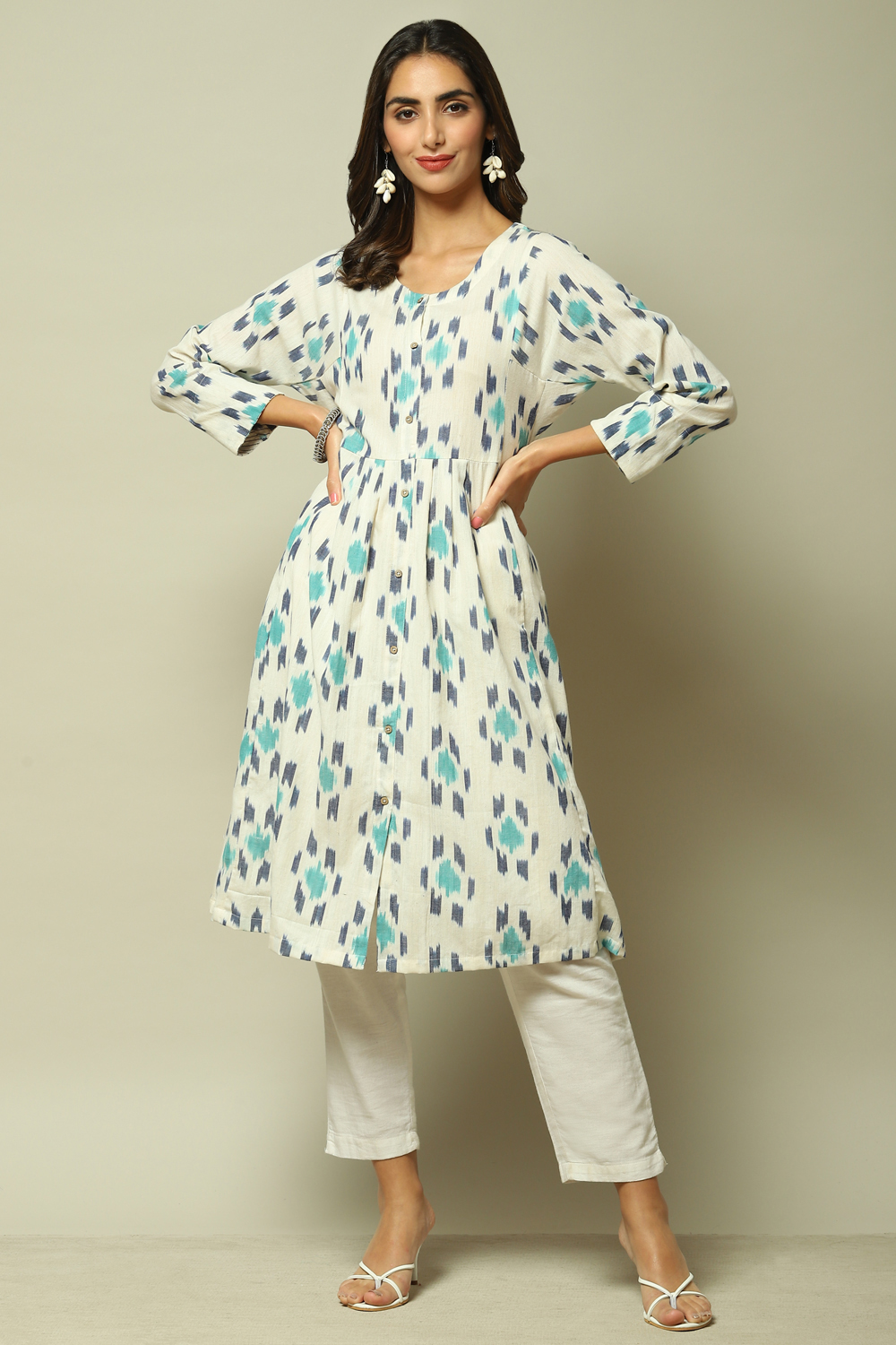 Off White & Blue Cotton IKAT Flared Yarndyed Kurta image number 0