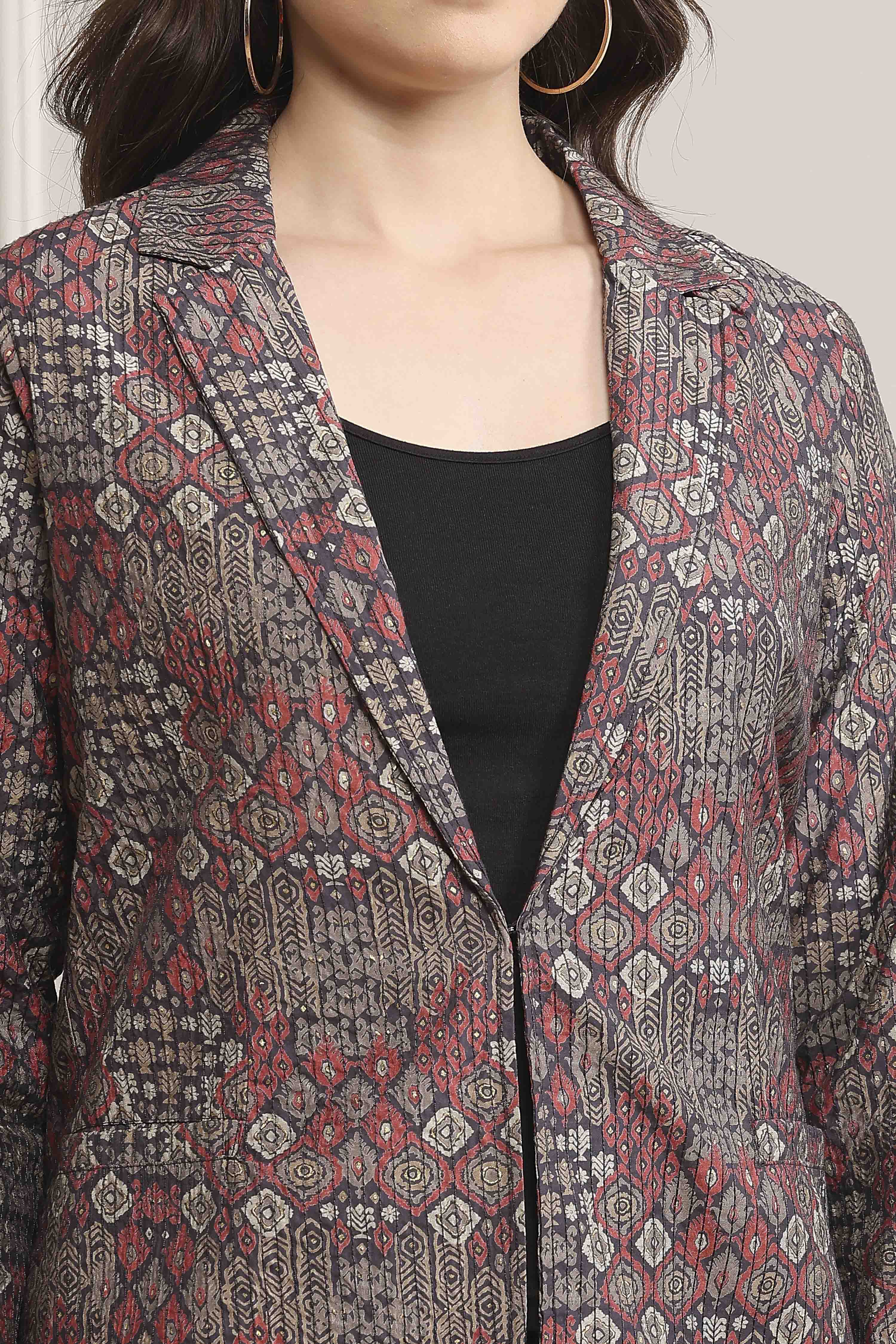 Grey Poly Viscose Straight Printed Jacket image number 1