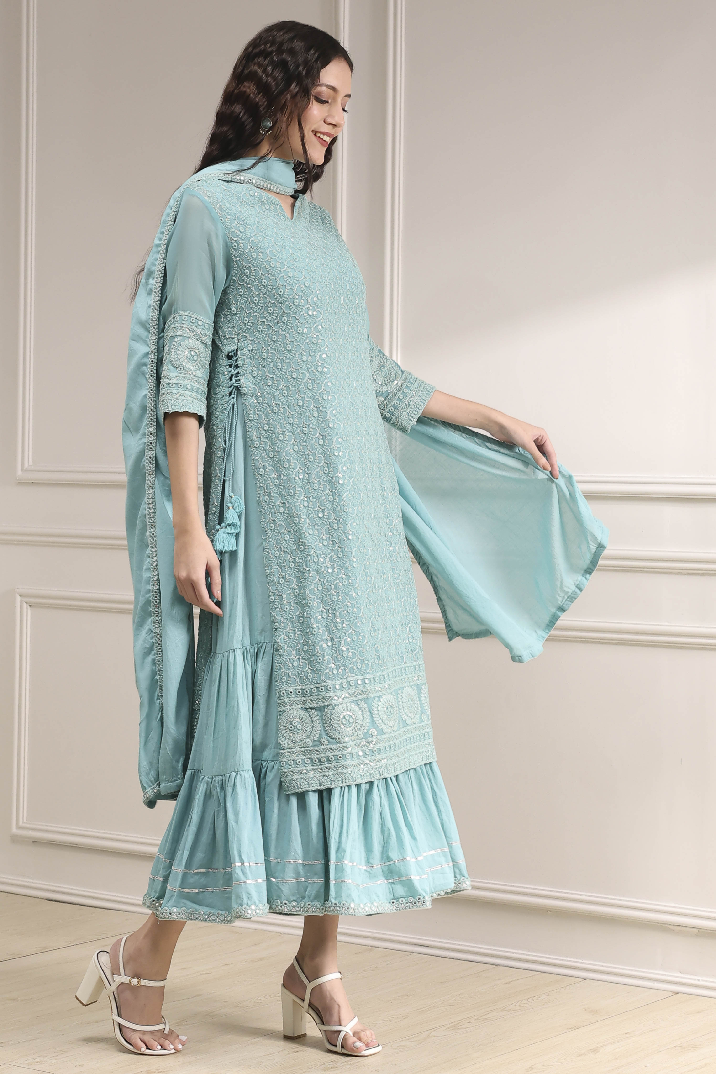 Powder Blue Cotton Blend Layered Embroidered Fusion Set image number 4
