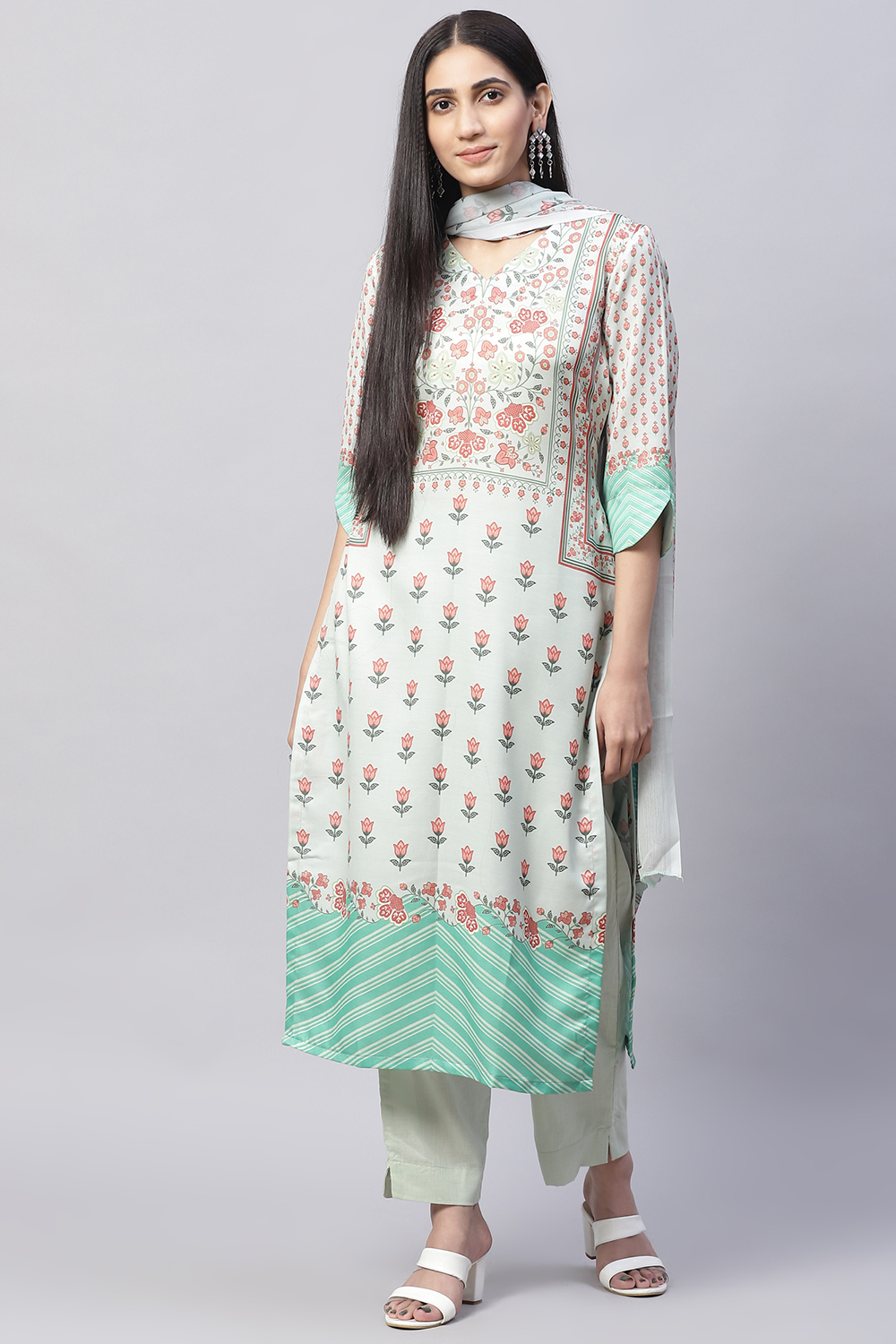 Pastel Green Cotton Blend Digital Print Unstitched Suit Set image number 0