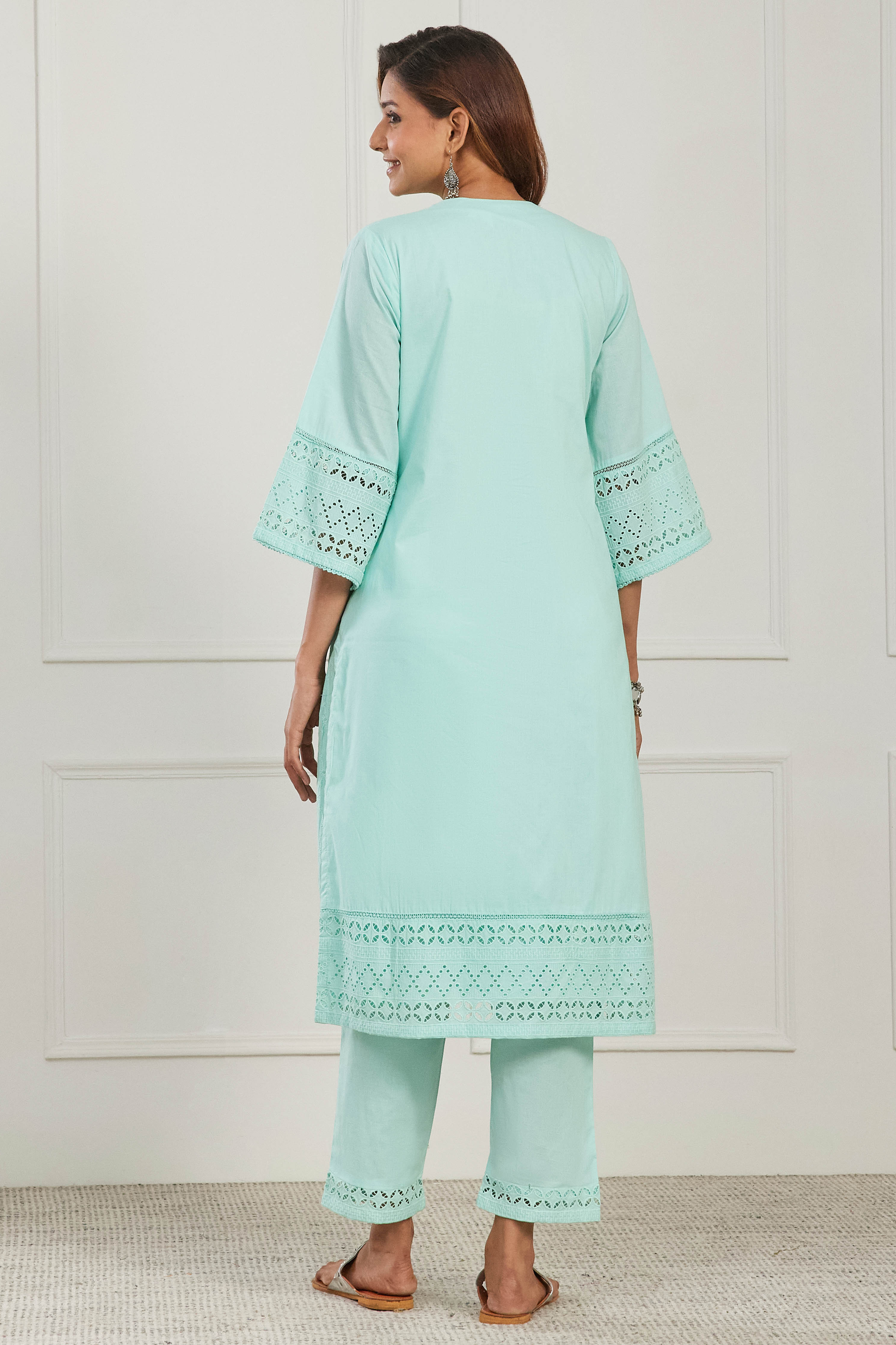 Blue Cotton Straight Suit Set image number 5