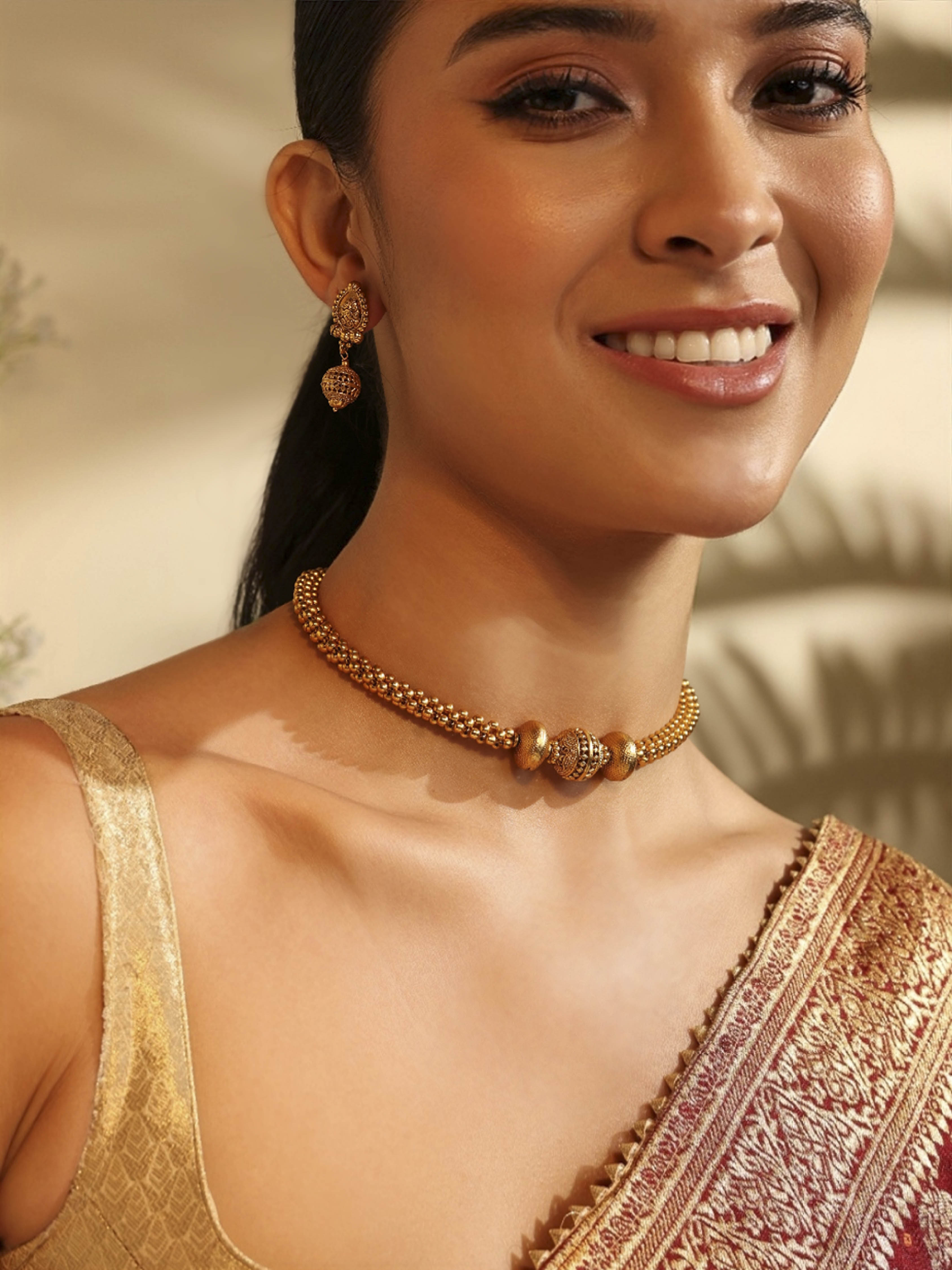 Gold Plated Brass Beaded Choker Necklace Set image number 1