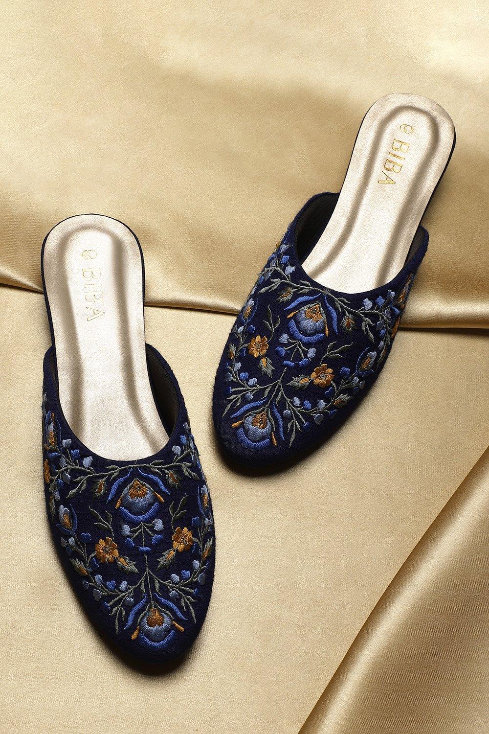 Blue Embroidered Mules