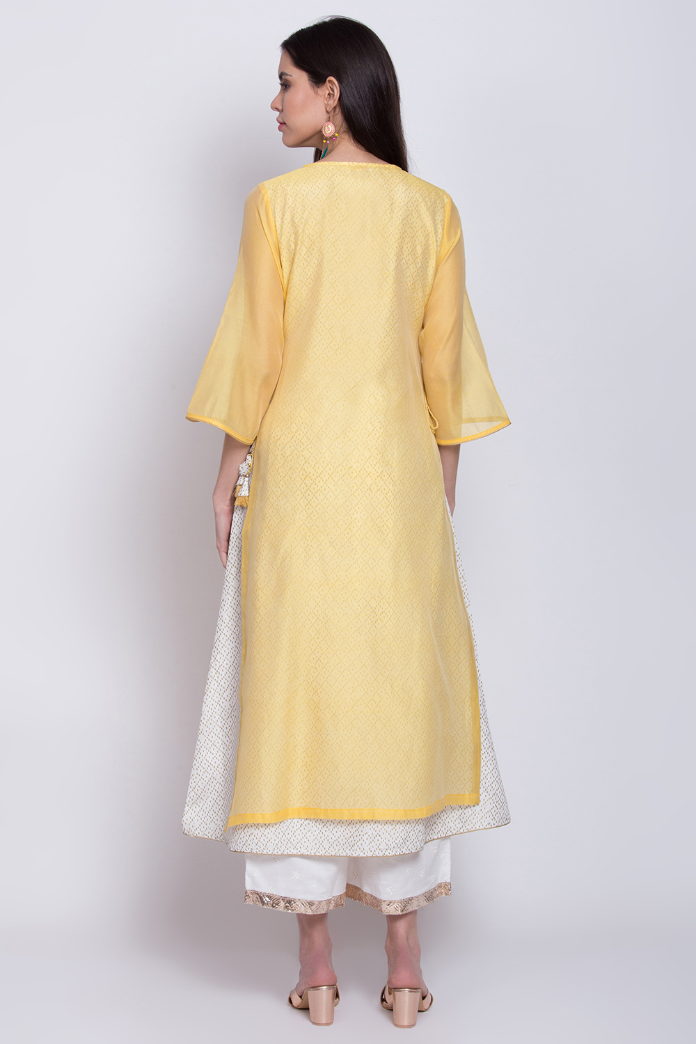 Yellow Poly Cotton Flared Yarndyed Kurta image number 5