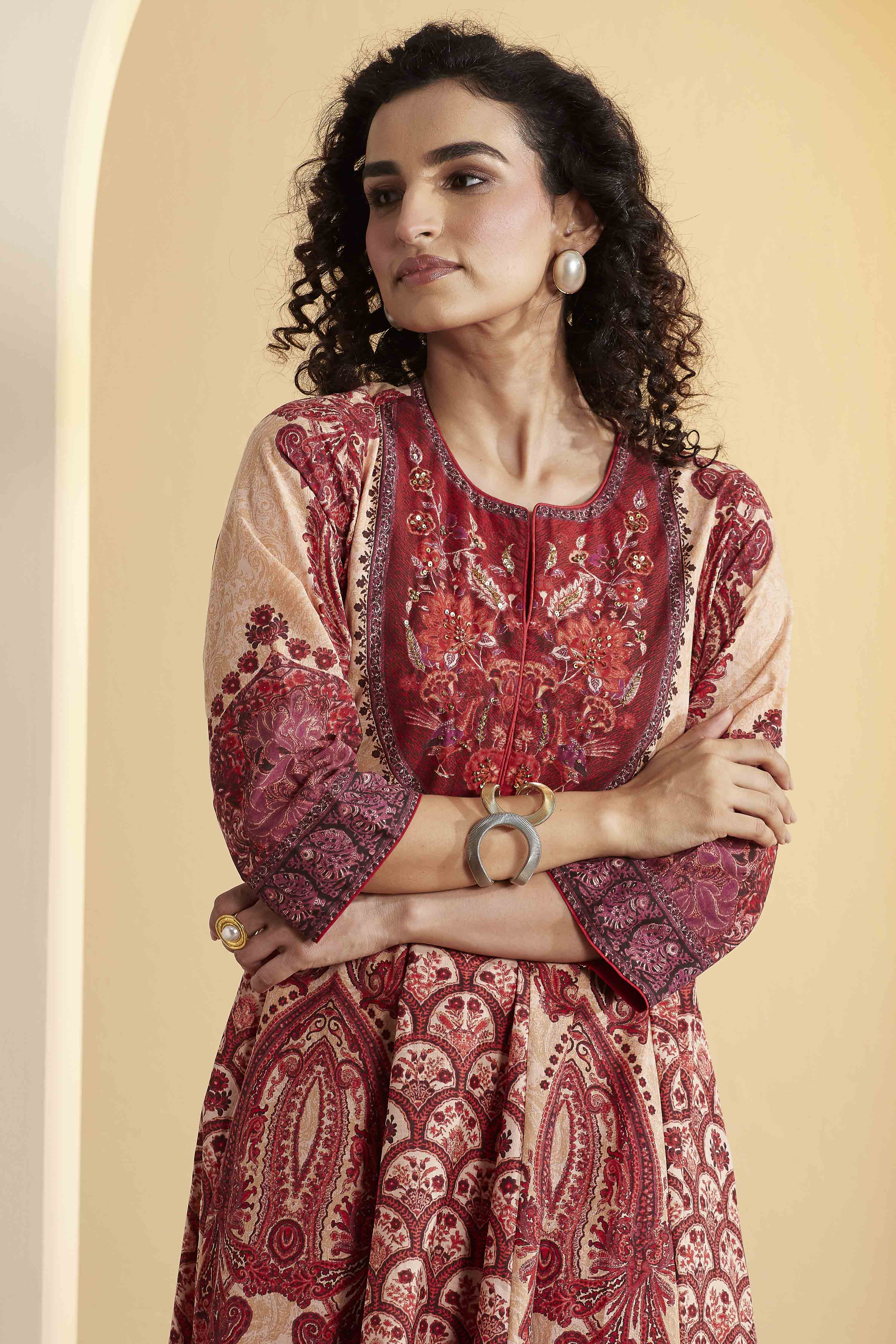 Rust Cotton Anarkali Kurta Pants Set image number 1