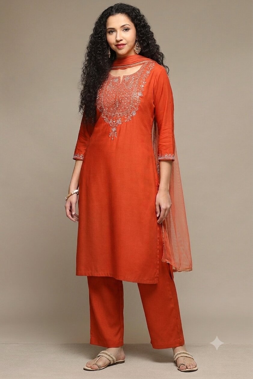 Burnt Orange Rayon Straight Kurta Pants Suit Set image number 4