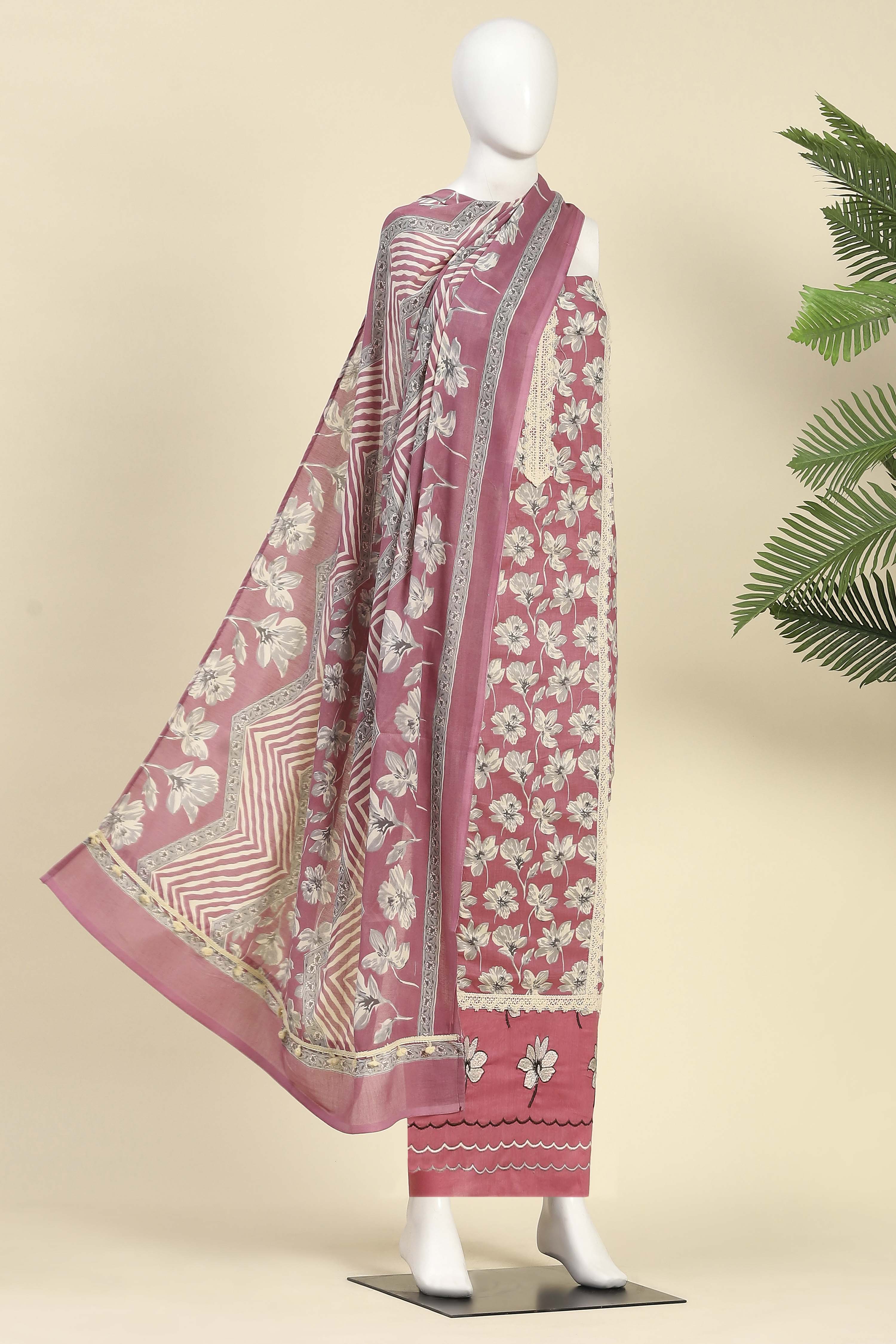 Pink Cotton Flower and Lace Work Unstitched Suit Set image number 4