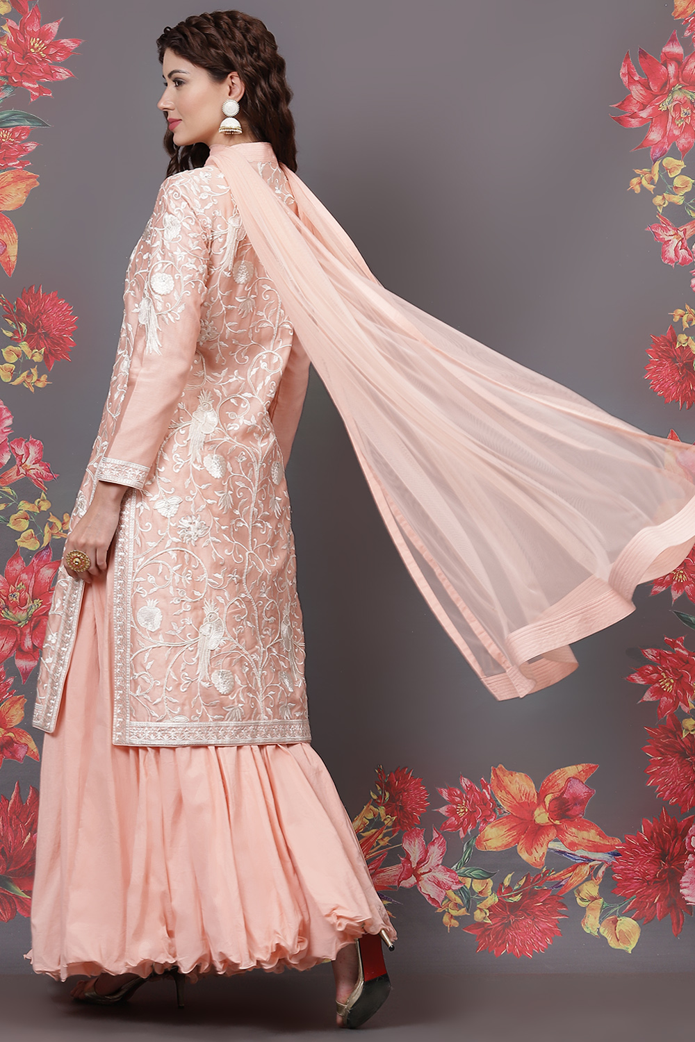 Rohit Bal Peach Cotton Silk Straight Yarndyed Suit Set image number 4