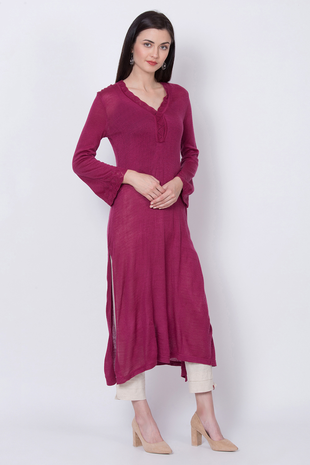 Wine Pink Acrylic And Wool Straight Solid Kurta image number 2