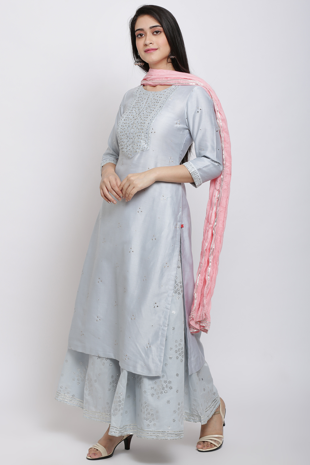 Ice Blue Cotton Silk Straight Kurta Skirt Suit Set image number 4