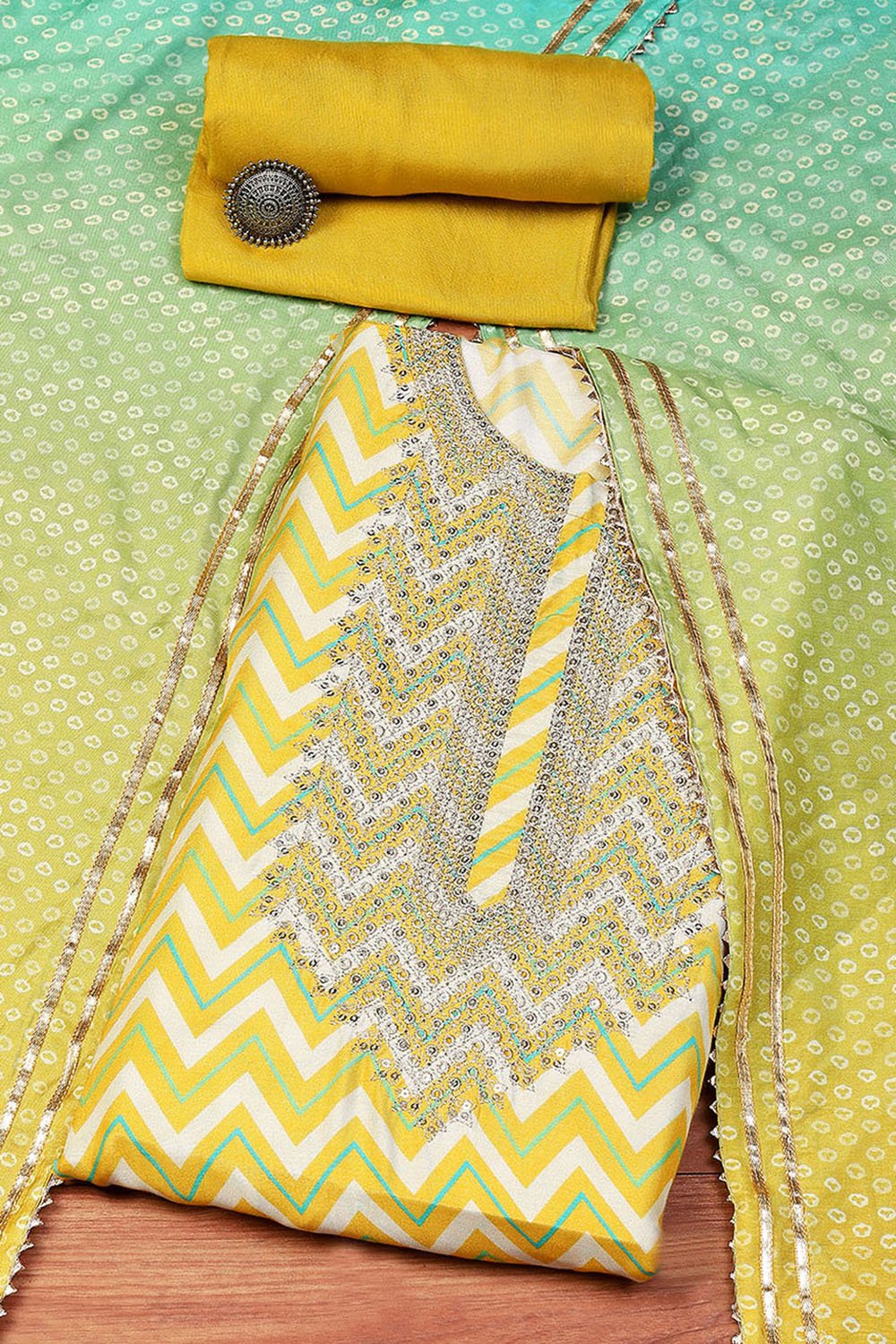 Mustard Muslin Digital Print Unstitched Suit Set image number 0